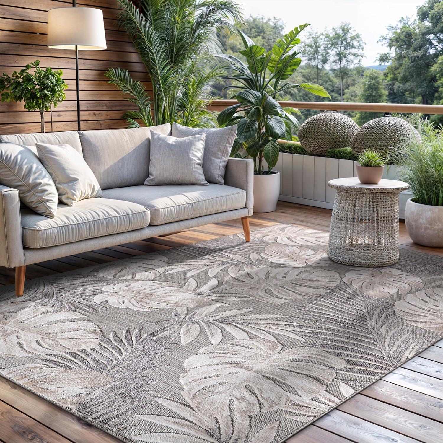 image:imageCAMILSON Indoor Outdoor Rug Navy 710x10 Leaf Tropical Botanical Area Rugs for Indoor and Outdoor patios EasyCleaning NonShedding Living Room Garden and Kitchen Washable Outside Carpet 8x103002 Beige