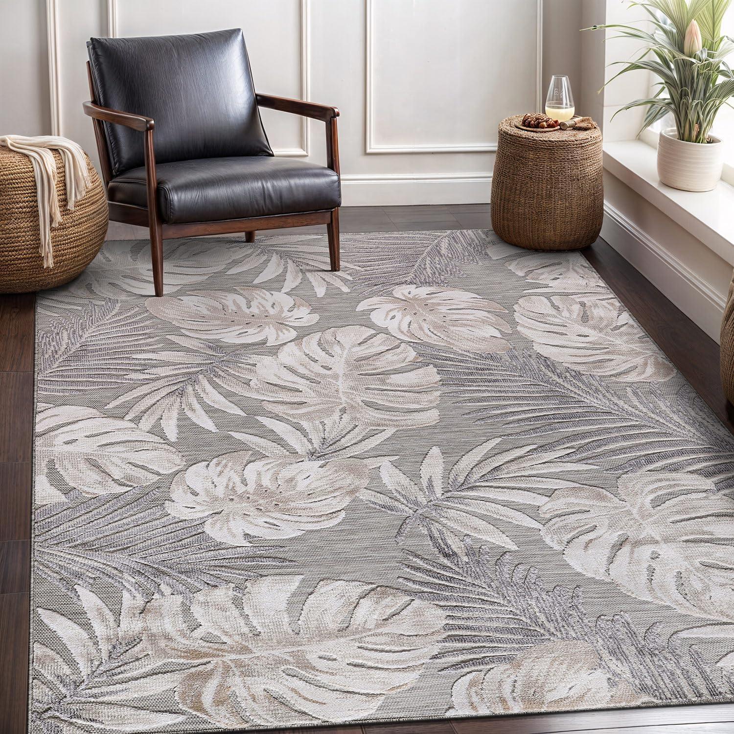 image:imageCAMILSON Indoor Outdoor Rug Navy 710x10 Leaf Tropical Botanical Area Rugs for Indoor and Outdoor patios EasyCleaning NonShedding Living Room Garden and Kitchen Washable Outside Carpet 8x103002 Beige