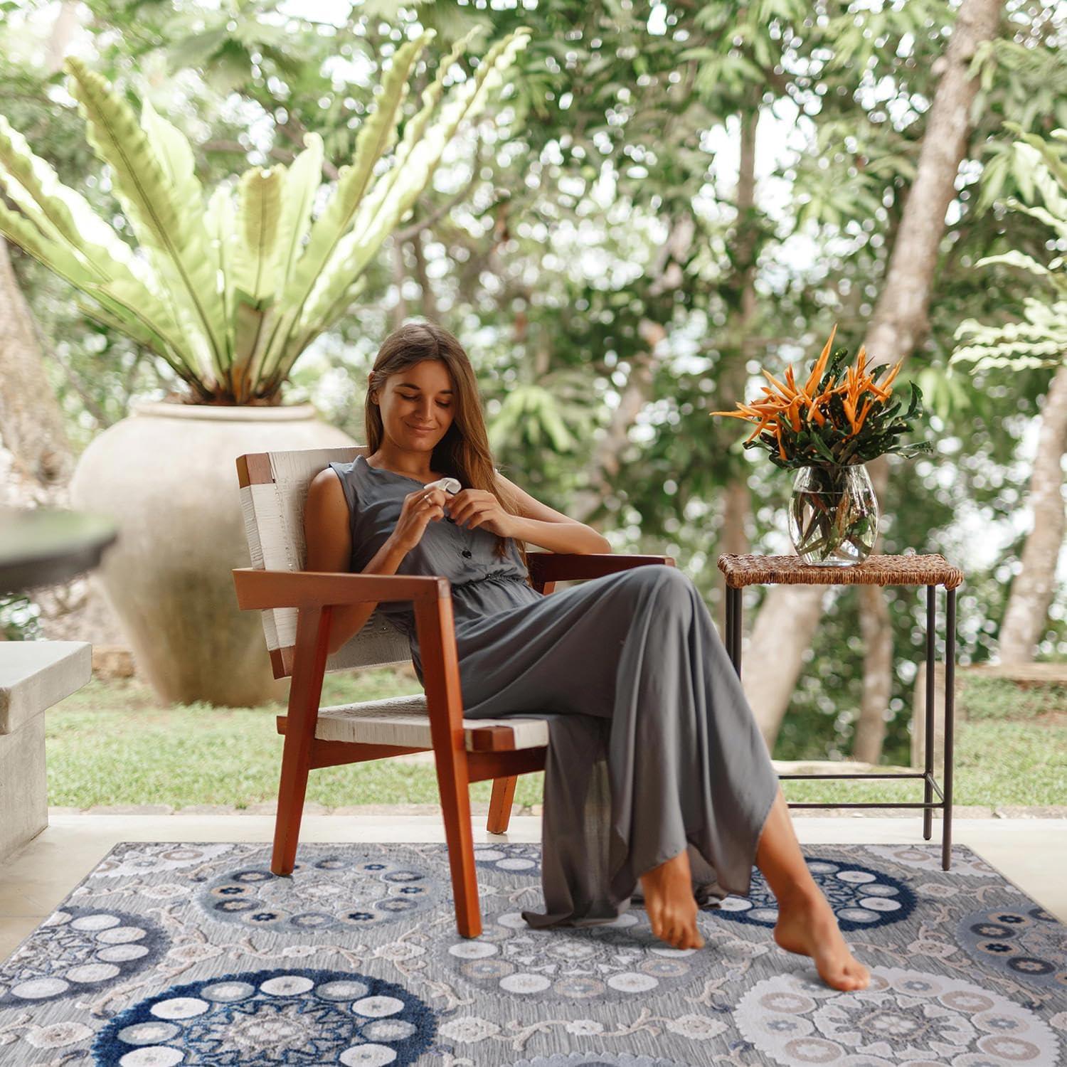 image:imageCAMILSON Indoor Outdoor Rug Navy 710x10 Leaf Tropical Botanical Area Rugs for Indoor and Outdoor patios EasyCleaning NonShedding Living Room Garden and Kitchen Washable Outside Carpet 8x103003 Blue
