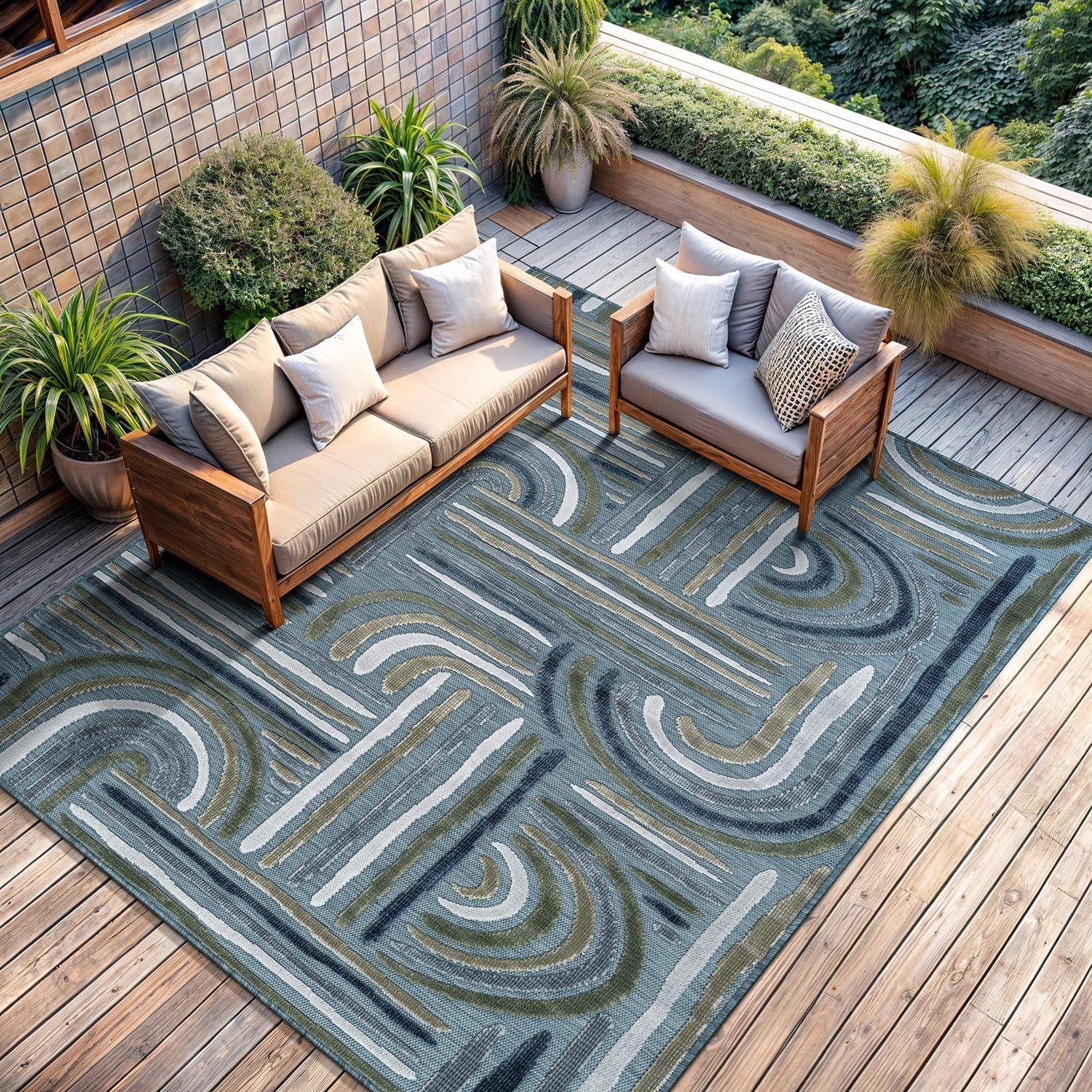 image:imageCAMILSON Indoor Outdoor Rug Navy 710x10 Leaf Tropical Botanical Area Rugs for Indoor and Outdoor patios EasyCleaning NonShedding Living Room Garden and Kitchen Washable Outside Carpet 8x103004 Aqua
