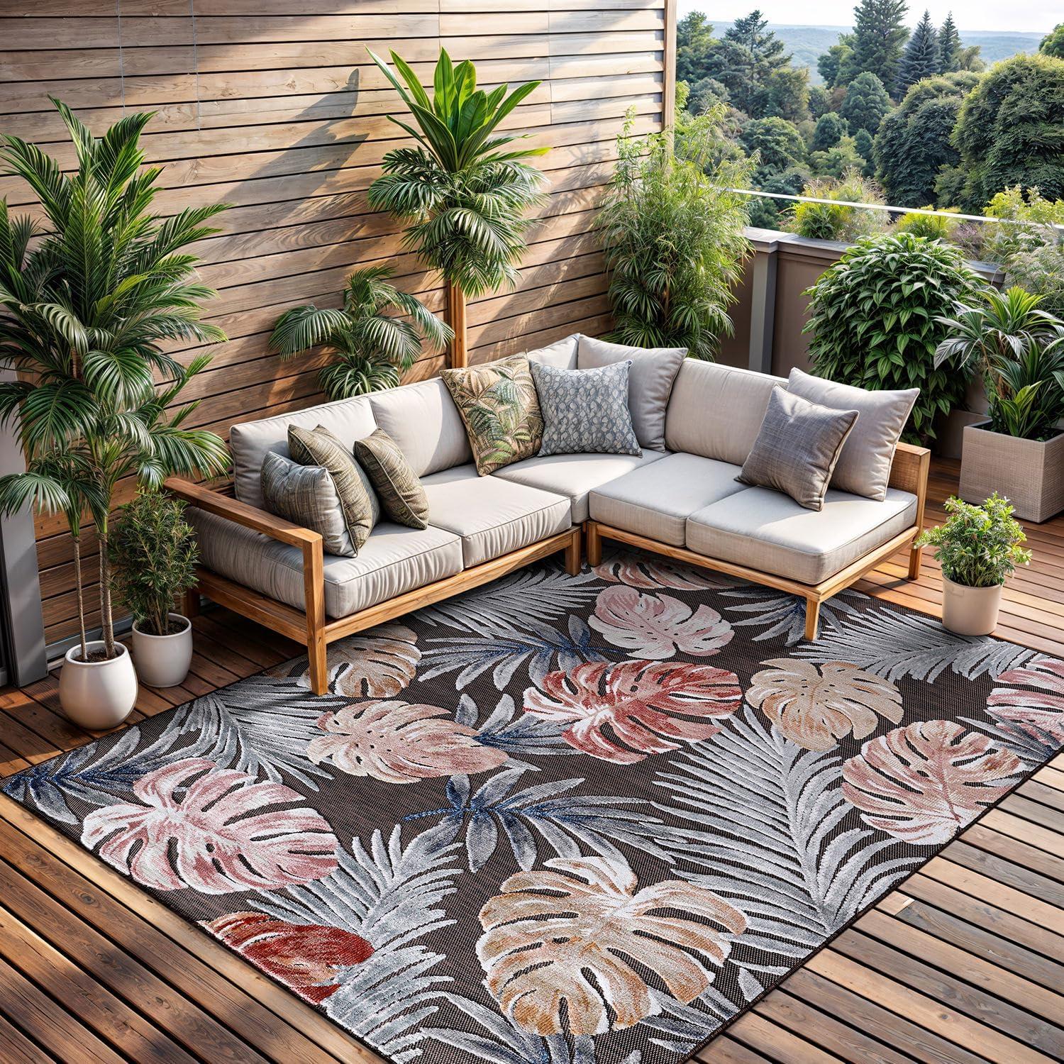 image:imageCAMILSON Indoor Outdoor Rug Navy 710x10 Leaf Tropical Botanical Area Rugs for Indoor and Outdoor patios EasyCleaning NonShedding Living Room Garden and Kitchen Washable Outside Carpet 8x103002 Brown