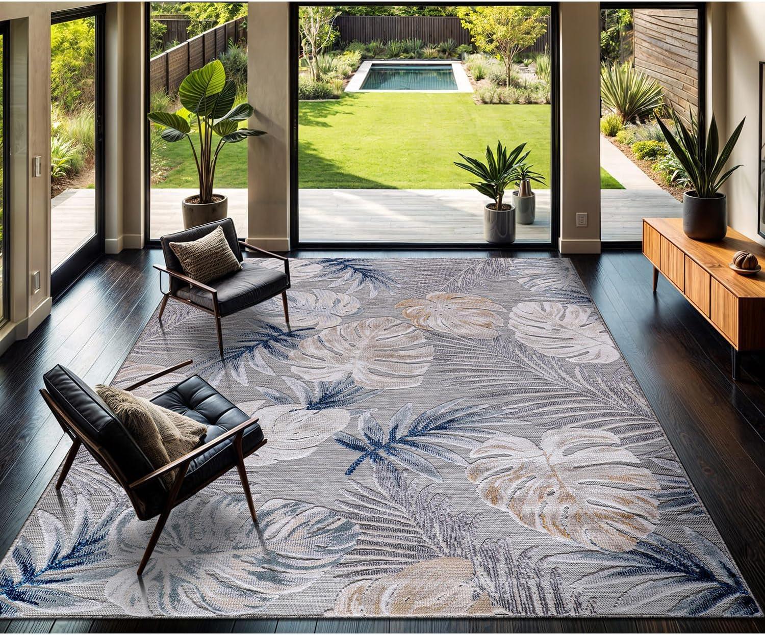 image:imageCAMILSON Indoor Outdoor Rug Navy 710x10 Leaf Tropical Botanical Area Rugs for Indoor and Outdoor patios EasyCleaning NonShedding Living Room Garden and Kitchen Washable Outside Carpet 8x103002 Blue