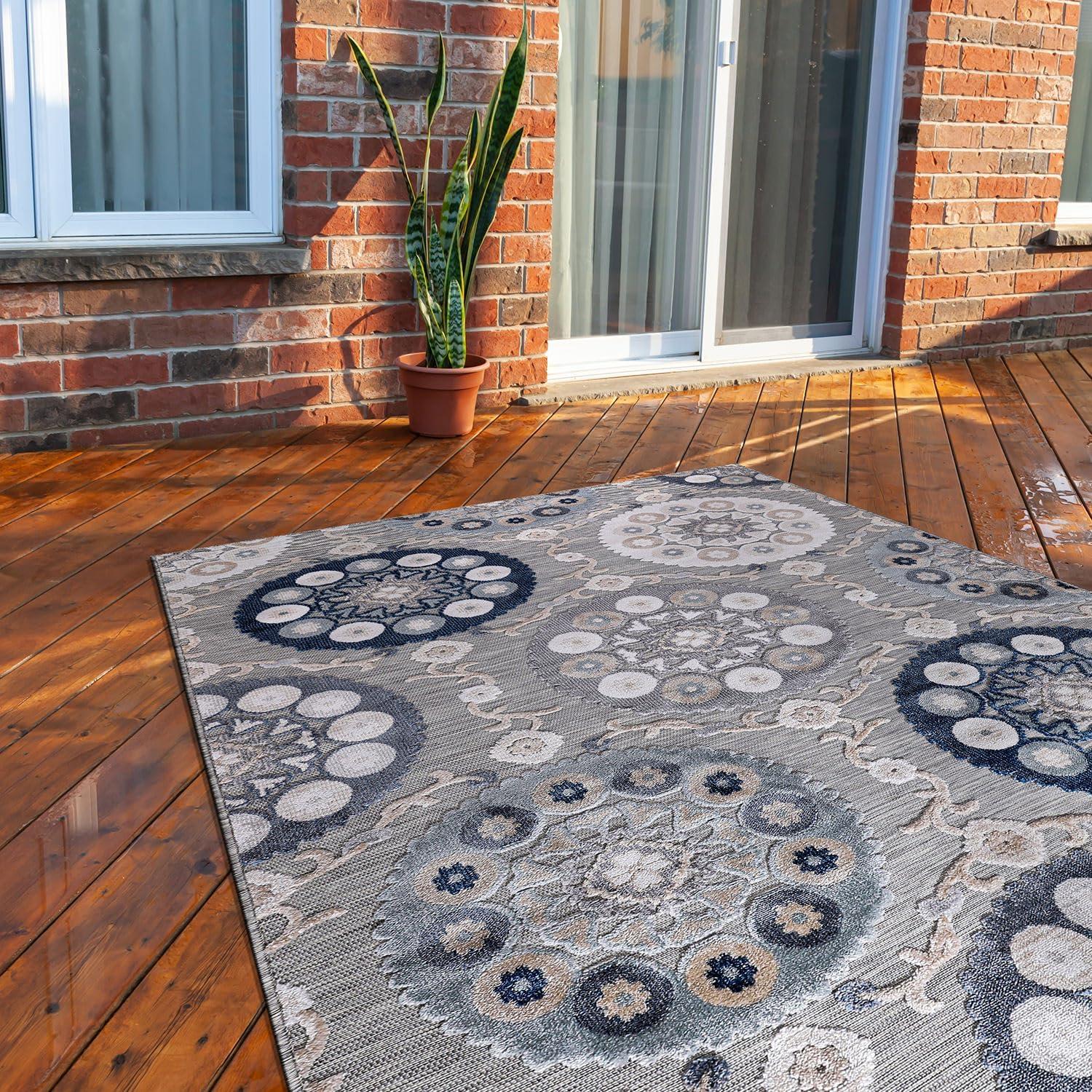 image:imageCAMILSON Indoor Outdoor Rug Navy 710x10 Leaf Tropical Botanical Area Rugs for Indoor and Outdoor patios EasyCleaning NonShedding Living Room Garden and Kitchen Washable Outside Carpet 8x103003 Blue