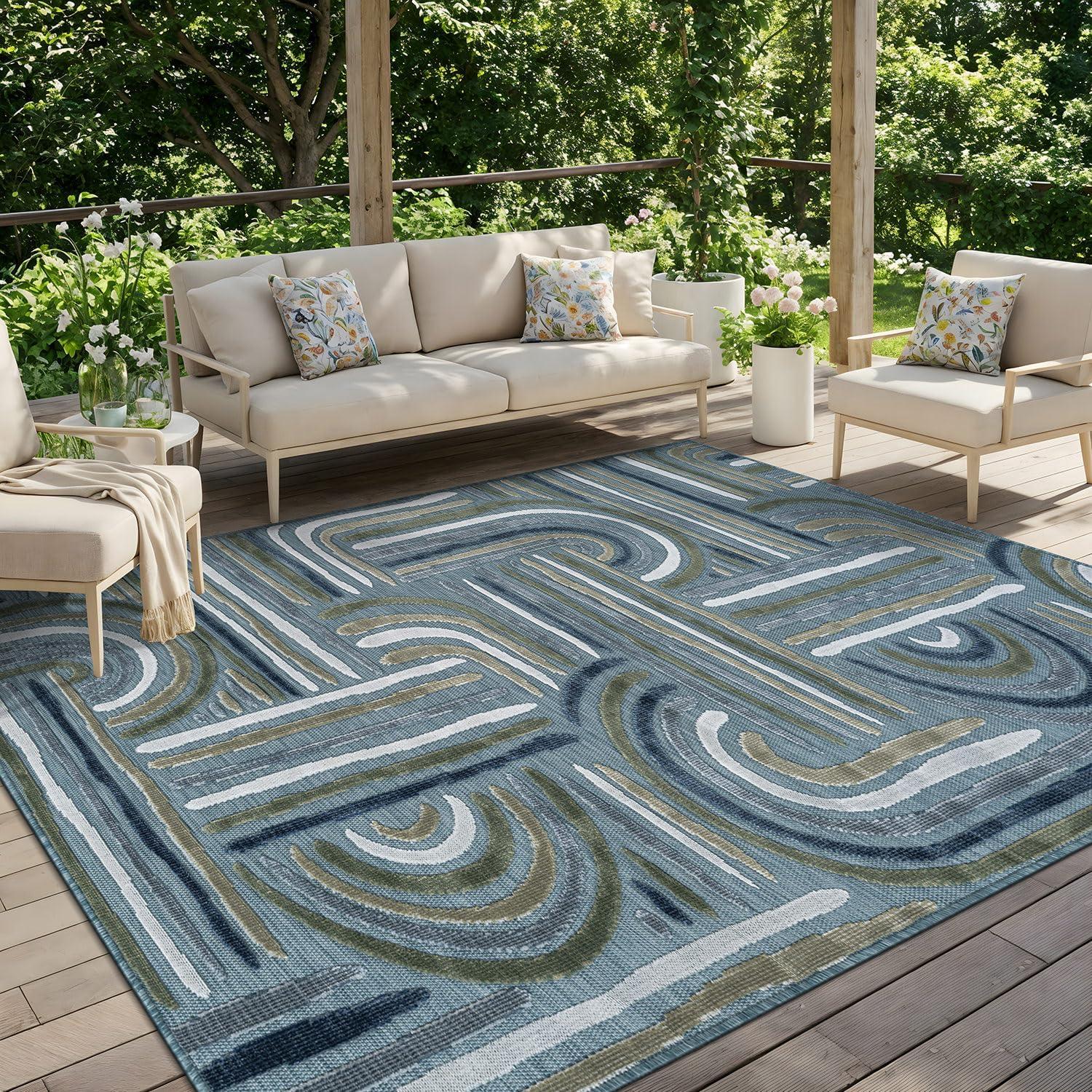 image:imageCAMILSON Indoor Outdoor Rug Navy 710x10 Leaf Tropical Botanical Area Rugs for Indoor and Outdoor patios EasyCleaning NonShedding Living Room Garden and Kitchen Washable Outside Carpet 8x103004 Aqua
