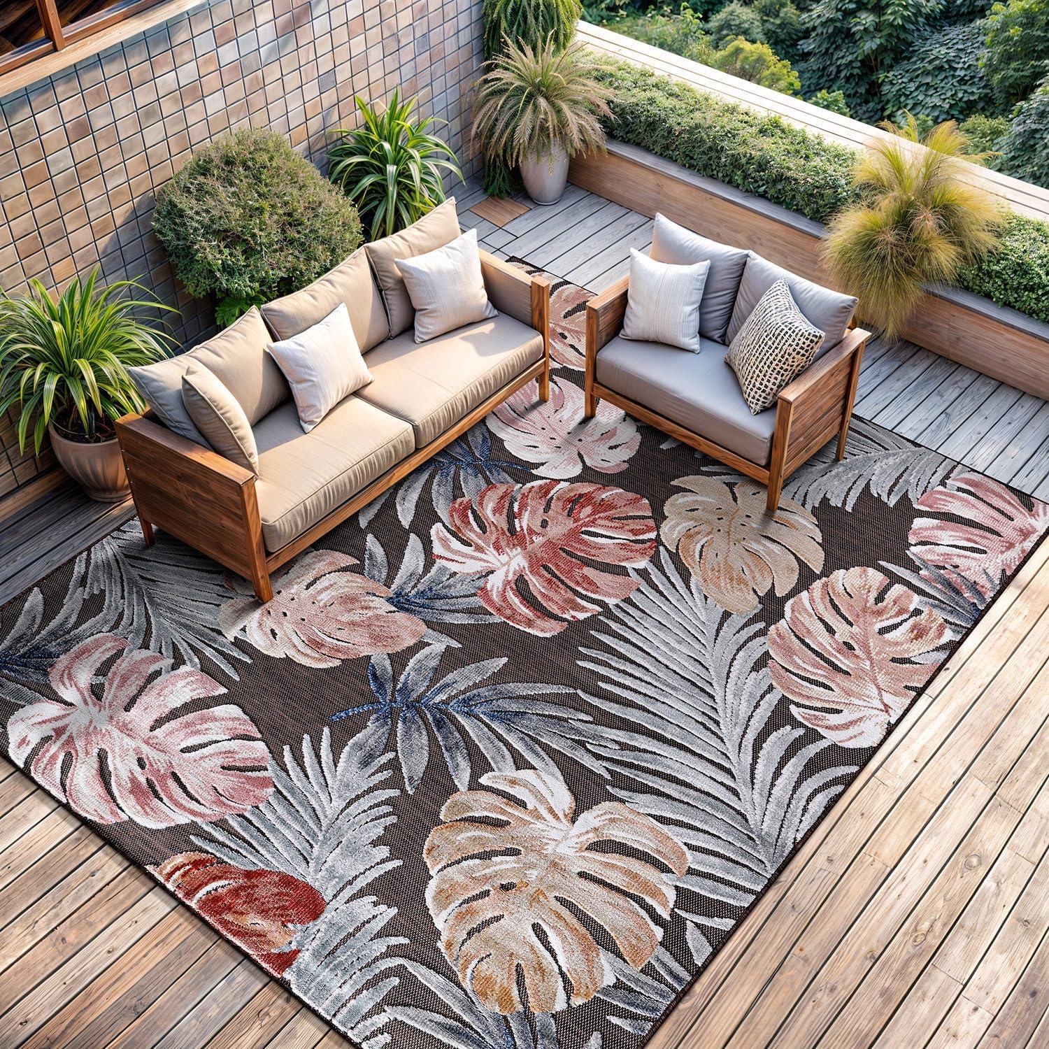image:imageCAMILSON Indoor Outdoor Rug Navy 710x10 Leaf Tropical Botanical Area Rugs for Indoor and Outdoor patios EasyCleaning NonShedding Living Room Garden and Kitchen Washable Outside Carpet 8x103002 Brown