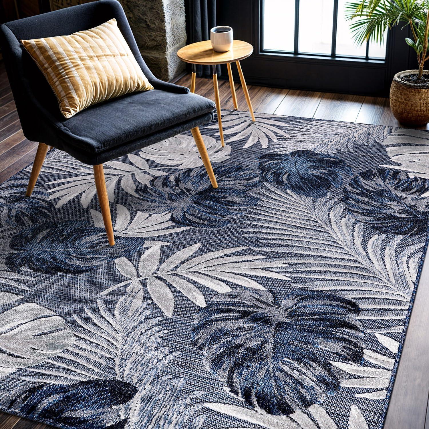 image:imageCAMILSON Indoor Outdoor Rug Navy 710x10 Leaf Tropical Botanical Area Rugs for Indoor and Outdoor patios EasyCleaning NonShedding Living Room Garden and Kitchen Washable Outside Carpet 8x103002 Navy