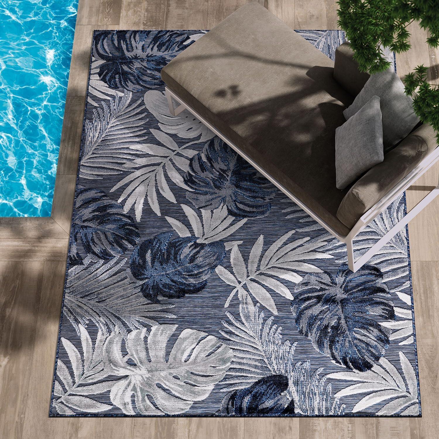 image:imageCAMILSON Indoor Outdoor Rug Navy 710x10 Leaf Tropical Botanical Area Rugs for Indoor and Outdoor patios EasyCleaning NonShedding Living Room Garden and Kitchen Washable Outside Carpet 8x103002 Navy