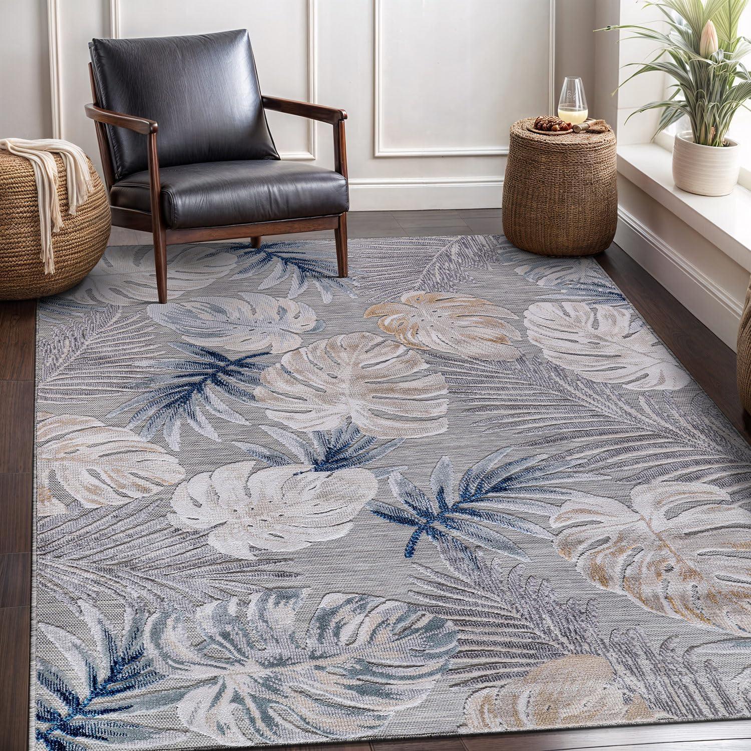 image:imageCAMILSON Indoor Outdoor Rug Navy 710x10 Leaf Tropical Botanical Area Rugs for Indoor and Outdoor patios EasyCleaning NonShedding Living Room Garden and Kitchen Washable Outside Carpet 8x103002 Blue