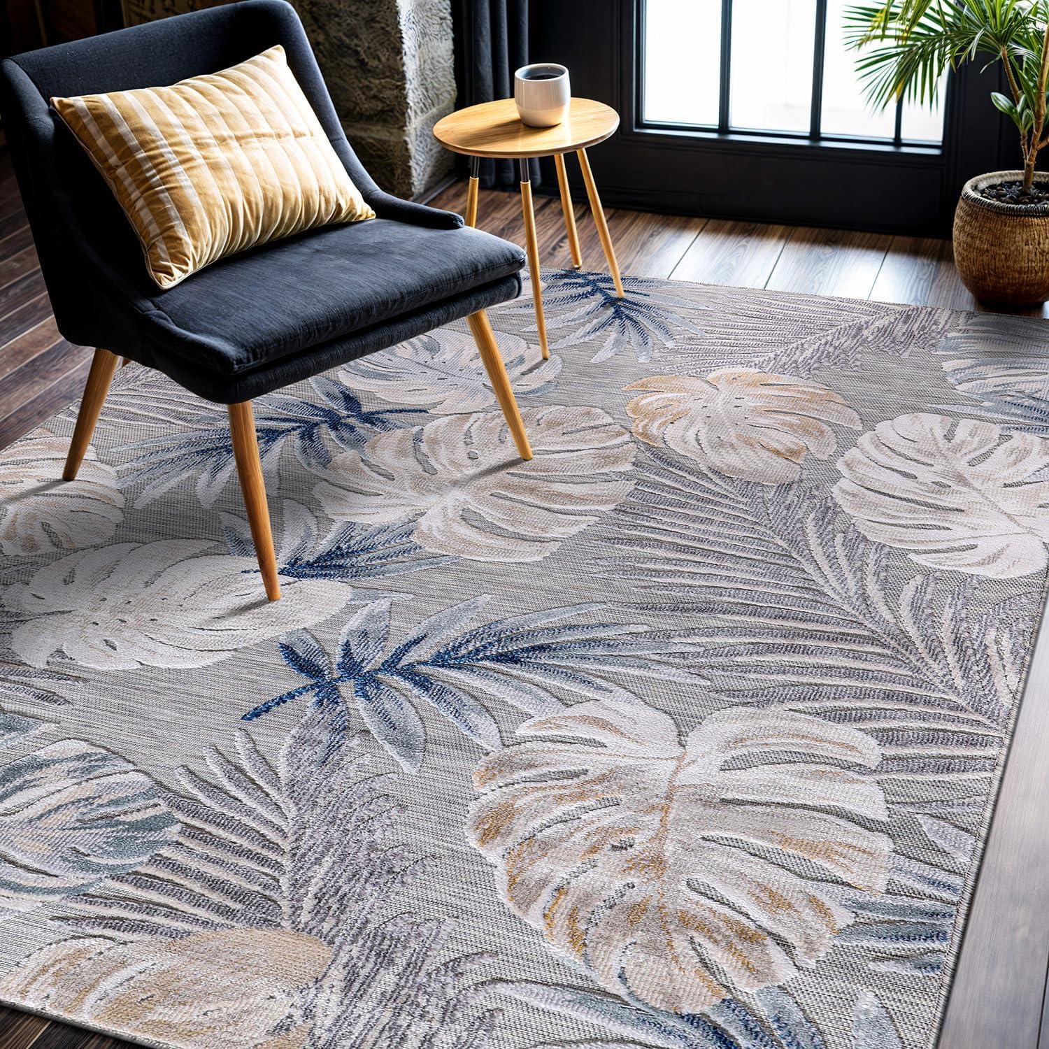 image:imageCAMILSON Indoor Outdoor Rug Navy 710x10 Leaf Tropical Botanical Area Rugs for Indoor and Outdoor patios EasyCleaning NonShedding Living Room Garden and Kitchen Washable Outside Carpet 8x103002 Blue