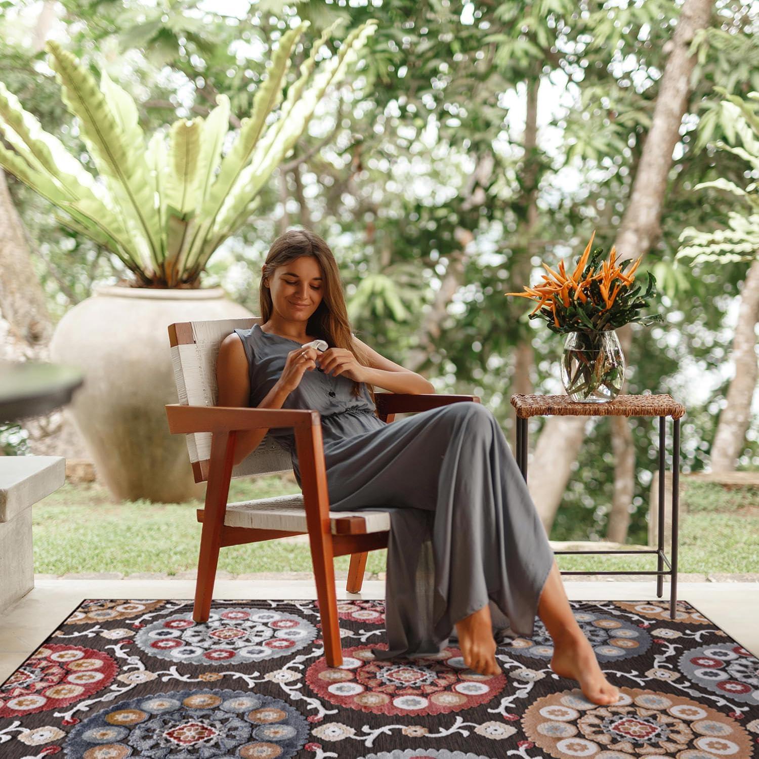 image:imageCAMILSON Indoor Outdoor Rug Navy 710x10 Leaf Tropical Botanical Area Rugs for Indoor and Outdoor patios EasyCleaning NonShedding Living Room Garden and Kitchen Washable Outside Carpet 8x103003 Brown