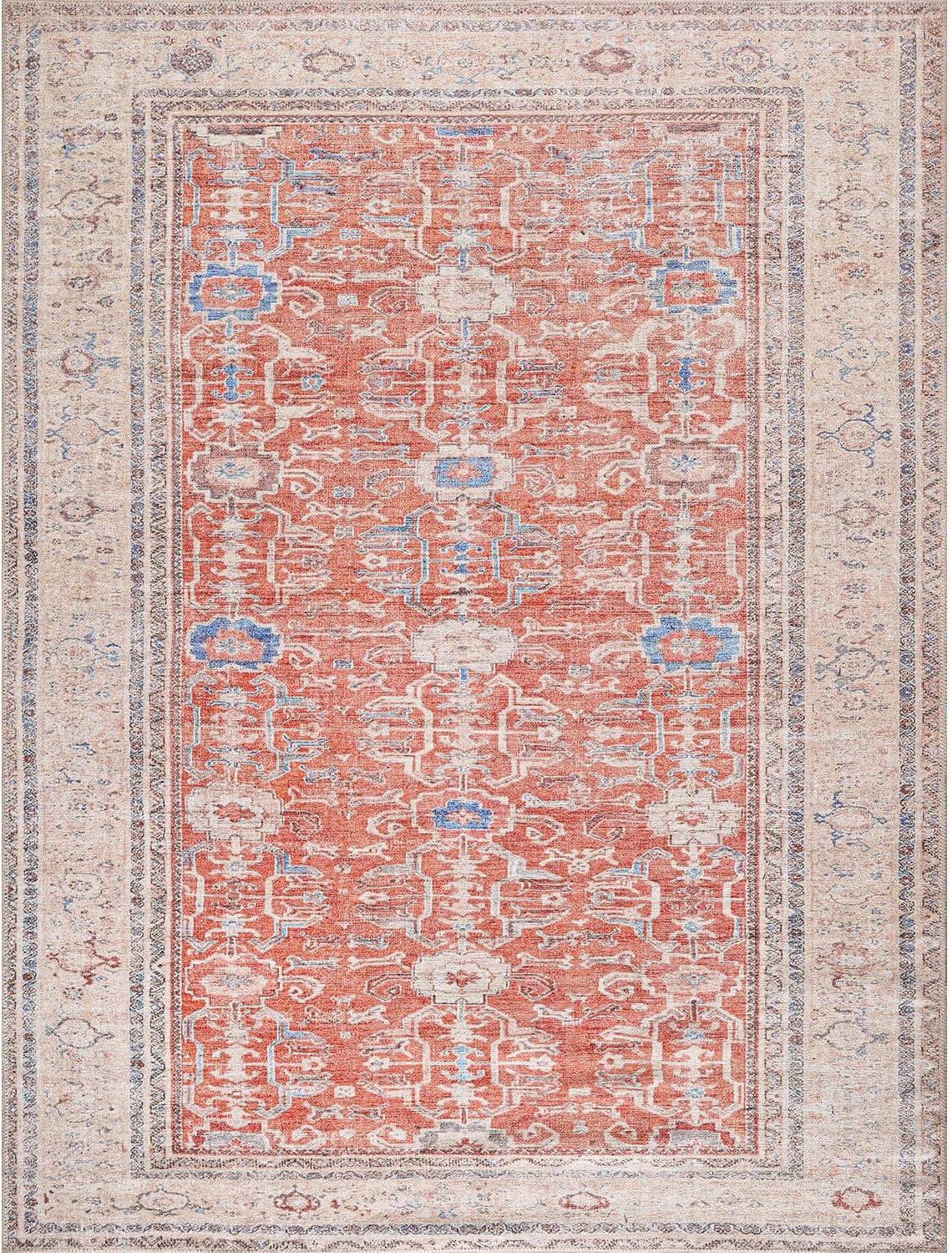 image:imageCAMILSON Machine Washable Area Rugs for Living Room Bedroom Distressed Vintage Washable Rug Non Slip Backing Stain and Water Resistant Bordered Indoor Carpet Orange Beige 53x7