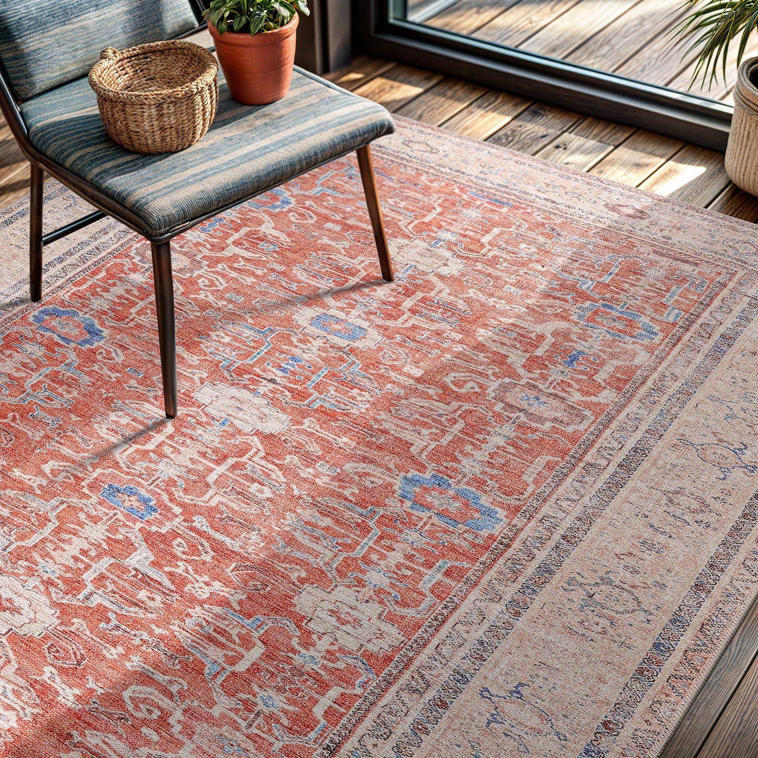 image:imageCAMILSON Machine Washable Area Rugs for Living Room Bedroom Distressed Vintage Washable Rug Non Slip Backing Stain and Water Resistant Bordered Indoor Carpet Orange Beige 53x7
