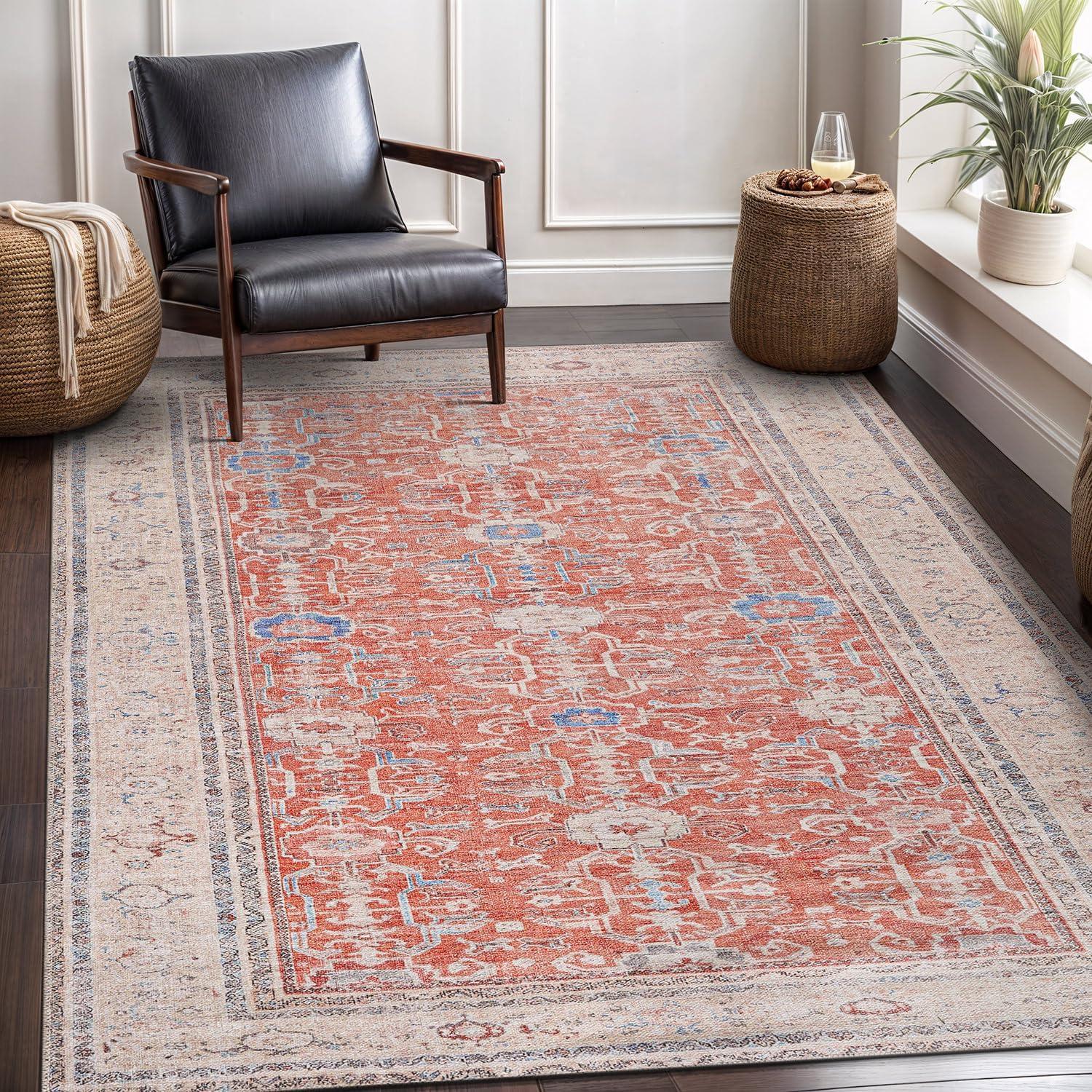 image:imageCAMILSON Machine Washable Area Rugs for Living Room Bedroom Distressed Vintage Washable Rug Non Slip Backing Stain and Water Resistant Bordered Indoor Carpet Orange Beige 53x7