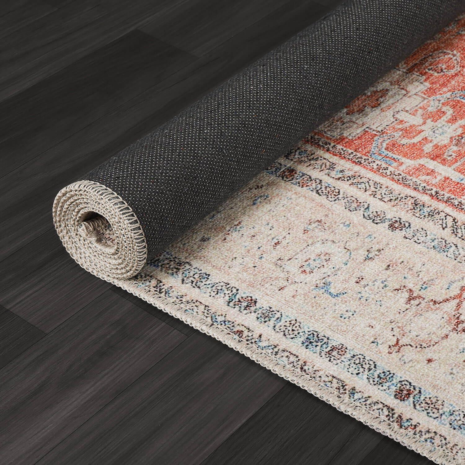image:imageCAMILSON Machine Washable Area Rugs for Living Room Bedroom Distressed Vintage Washable Rug Non Slip Backing Stain and Water Resistant Bordered Indoor Carpet Orange Beige 53x7
