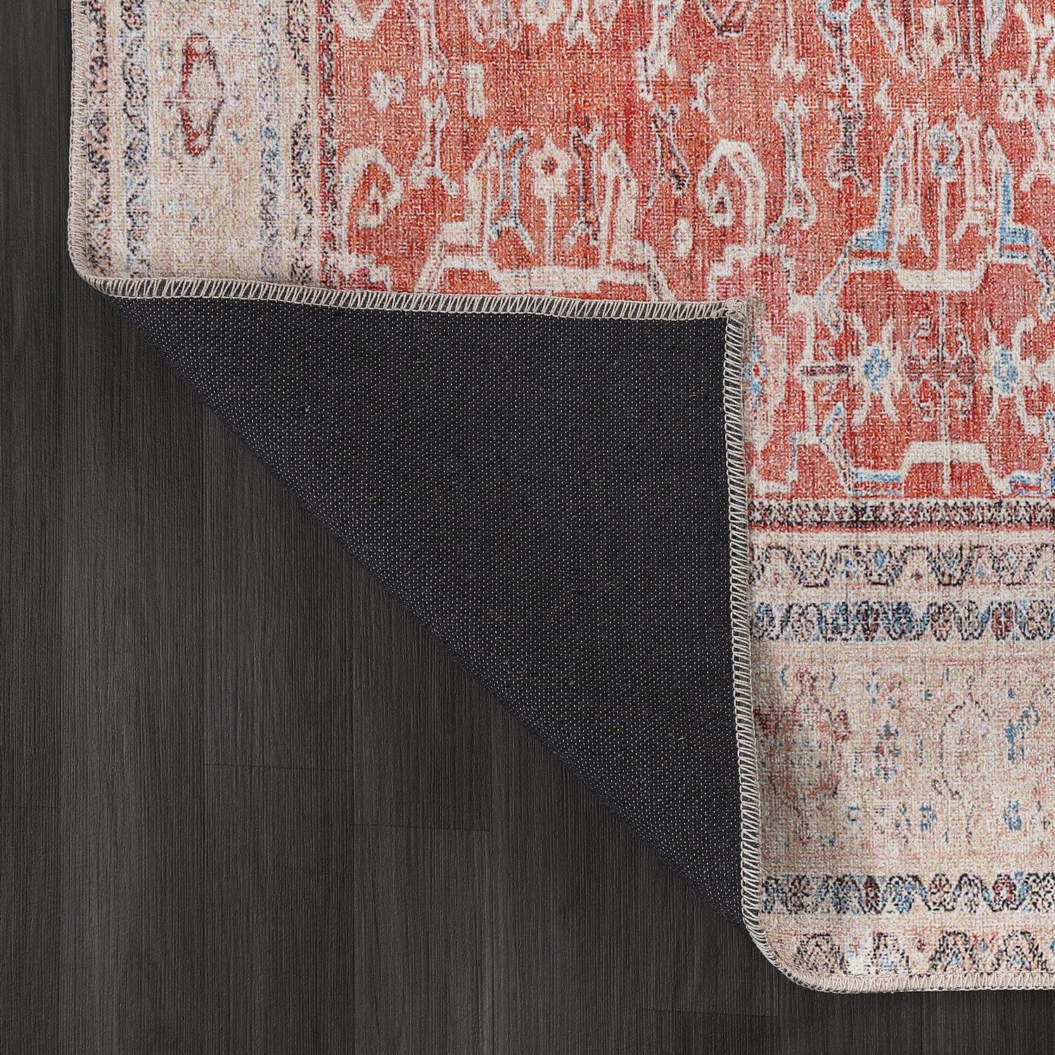 image:imageCAMILSON Machine Washable Area Rugs for Living Room Bedroom Distressed Vintage Washable Rug Non Slip Backing Stain and Water Resistant Bordered Indoor Carpet Orange Beige 53x7