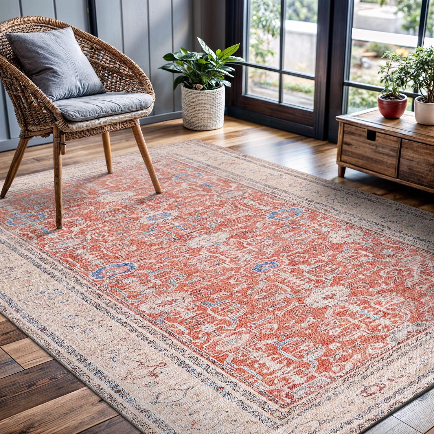 image:imageCAMILSON Machine Washable Area Rugs for Living Room Bedroom Distressed Vintage Washable Rug Non Slip Backing Stain and Water Resistant Bordered Indoor Carpet Orange Beige 53x7