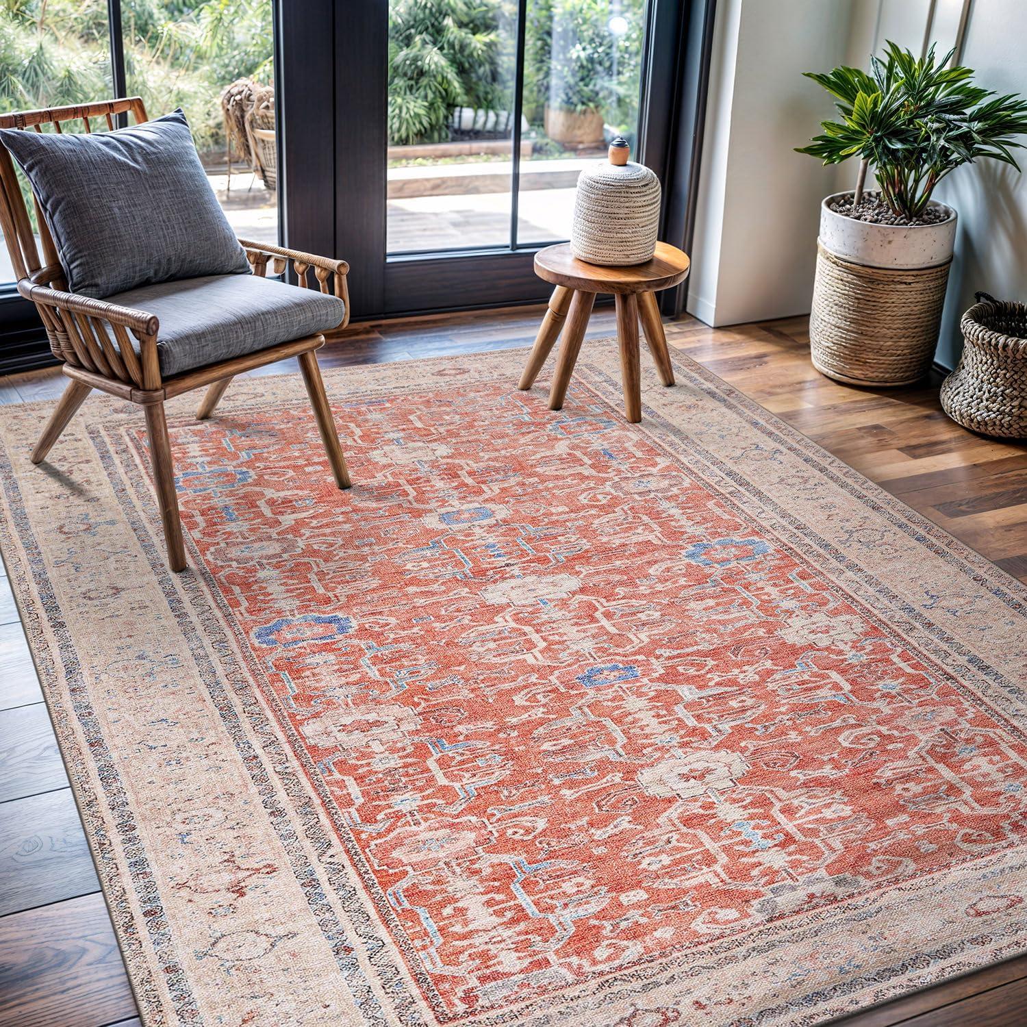 image:imageCAMILSON Machine Washable Area Rugs for Living Room Bedroom Distressed Vintage Washable Rug Non Slip Backing Stain and Water Resistant Bordered Indoor Carpet Orange Beige 53x7