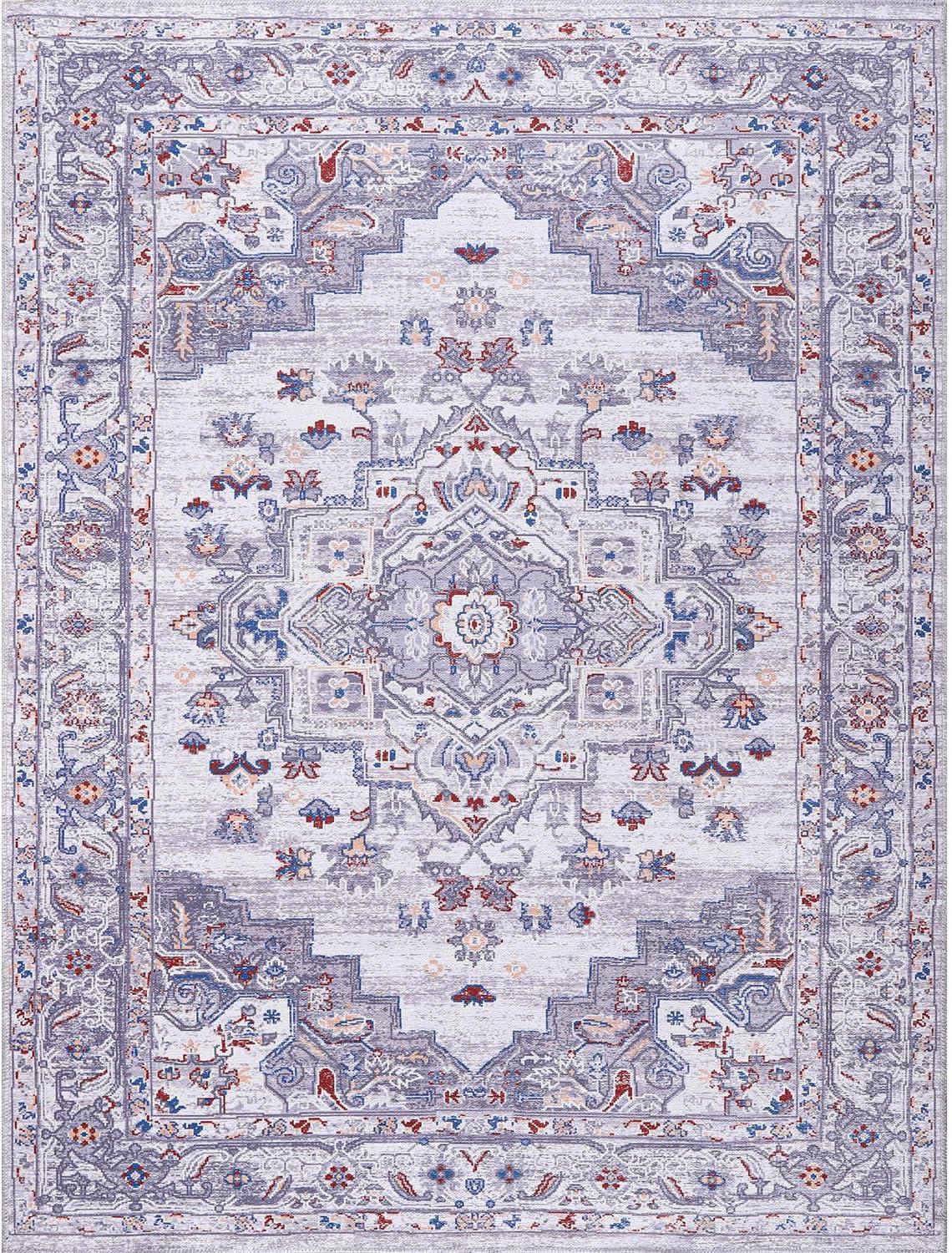 image:imageCAMILSON Machine Washable Area Rugs for Living Room Bedroom Distressed Vintage Washable Rug Non Slip Backing Stain and Water Resistant Traditional Medallion Indoor Carpet Multi Gray 53x7