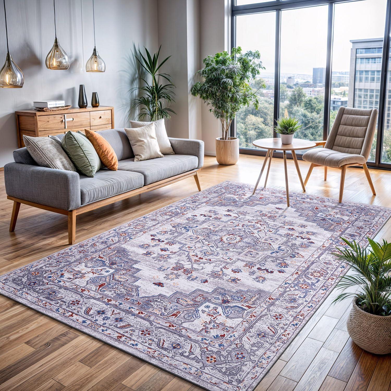 image:imageCAMILSON Machine Washable Area Rugs for Living Room Bedroom Distressed Vintage Washable Rug Non Slip Backing Stain and Water Resistant Traditional Medallion Indoor Carpet Multi Gray 53x7