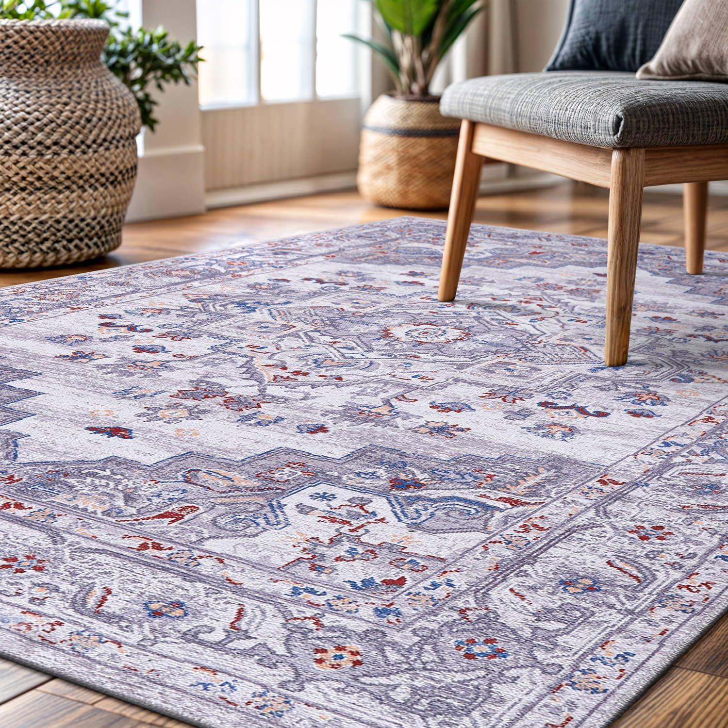 image:imageCAMILSON Machine Washable Area Rugs for Living Room Bedroom Distressed Vintage Washable Rug Non Slip Backing Stain and Water Resistant Traditional Medallion Indoor Carpet Multi Gray 53x7