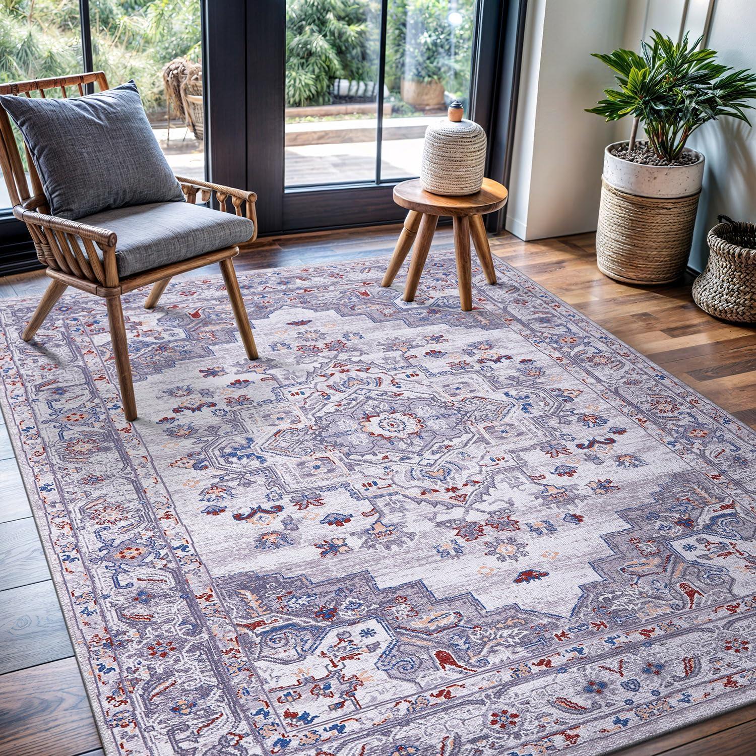 image:imageCAMILSON Machine Washable Area Rugs for Living Room Bedroom Distressed Vintage Washable Rug Non Slip Backing Stain and Water Resistant Traditional Medallion Indoor Carpet Multi Gray 53x7