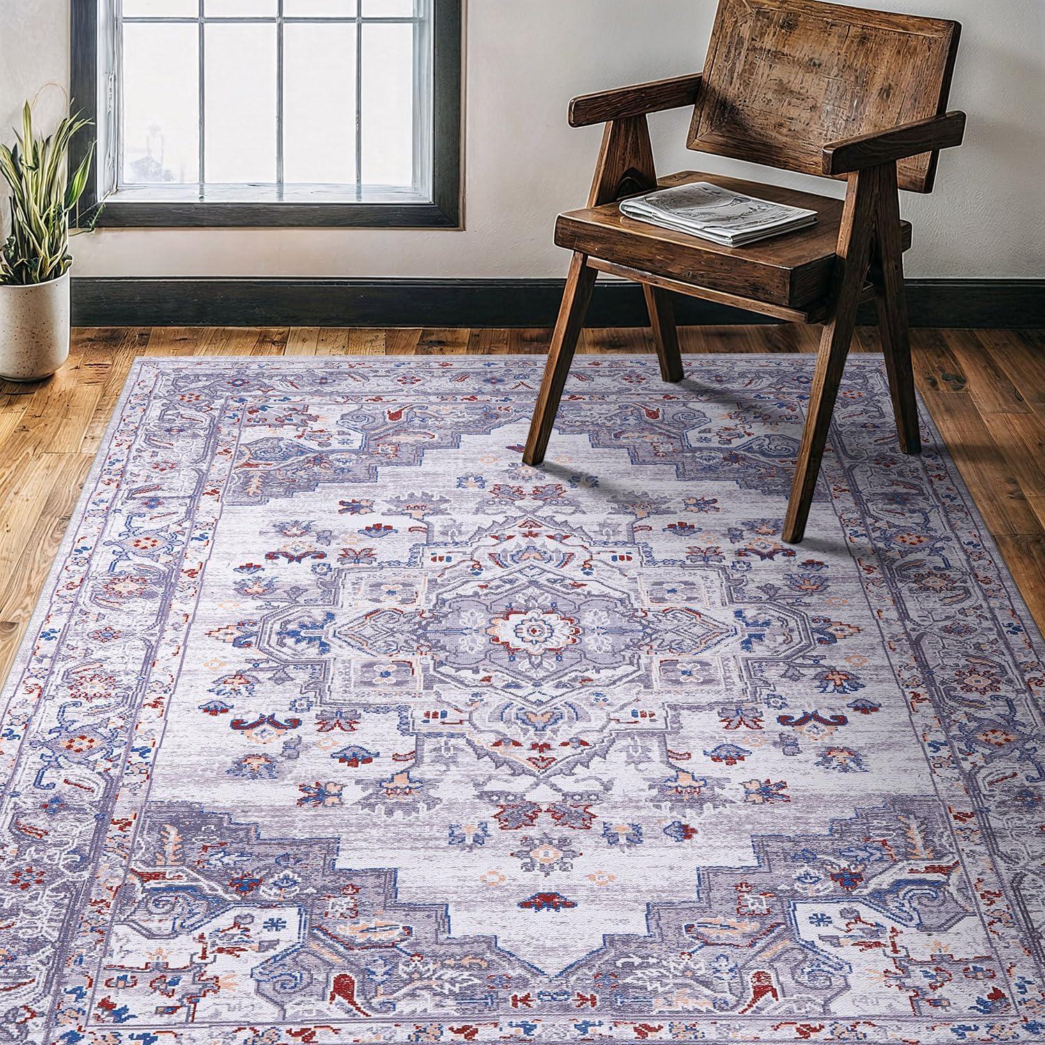 image:imageCAMILSON Machine Washable Area Rugs for Living Room Bedroom Distressed Vintage Washable Rug Non Slip Backing Stain and Water Resistant Traditional Medallion Indoor Carpet Multi Gray 53x7