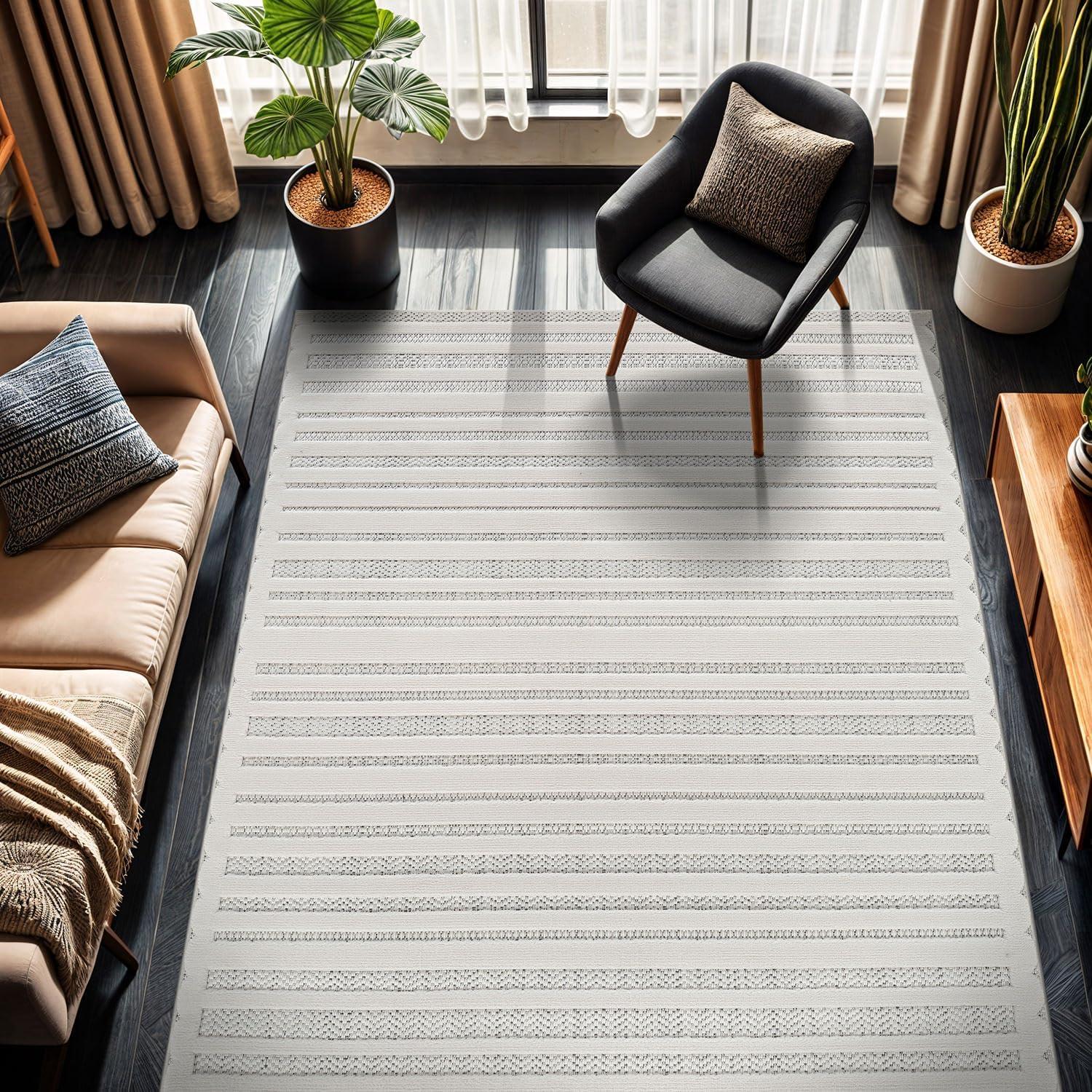 image:imageCAMILSON Micro Loop Rug 5x7 Modern Luxury Geometric Arch Area Rugs Soft High and Low Pile Stain Resistant EasyCleaning NonShedding for Living Room Office Indoor Carpet 5 x 7 WhiteLinear White