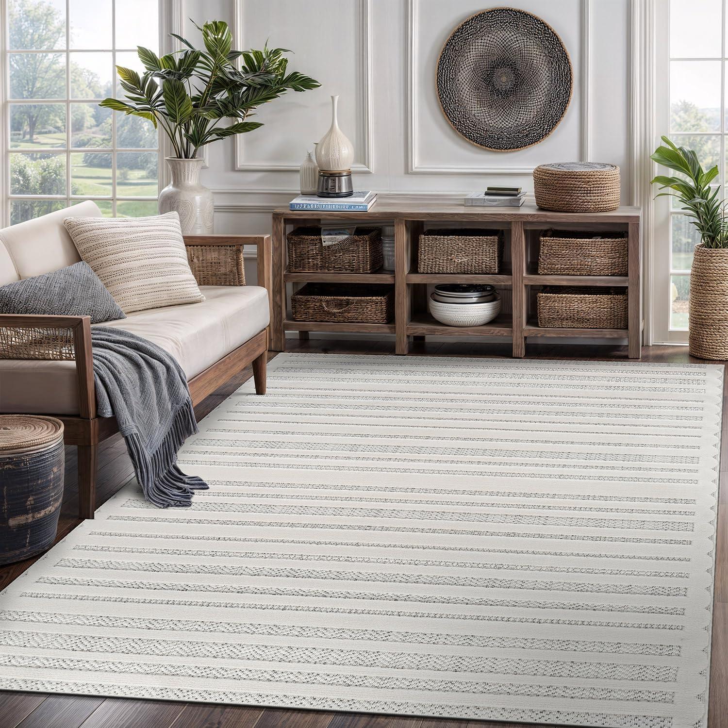 image:imageCAMILSON Micro Loop Rug 5x7 Modern Luxury Geometric Arch Area Rugs Soft High and Low Pile Stain Resistant EasyCleaning NonShedding for Living Room Office Indoor Carpet 5 x 7 WhiteLinear White