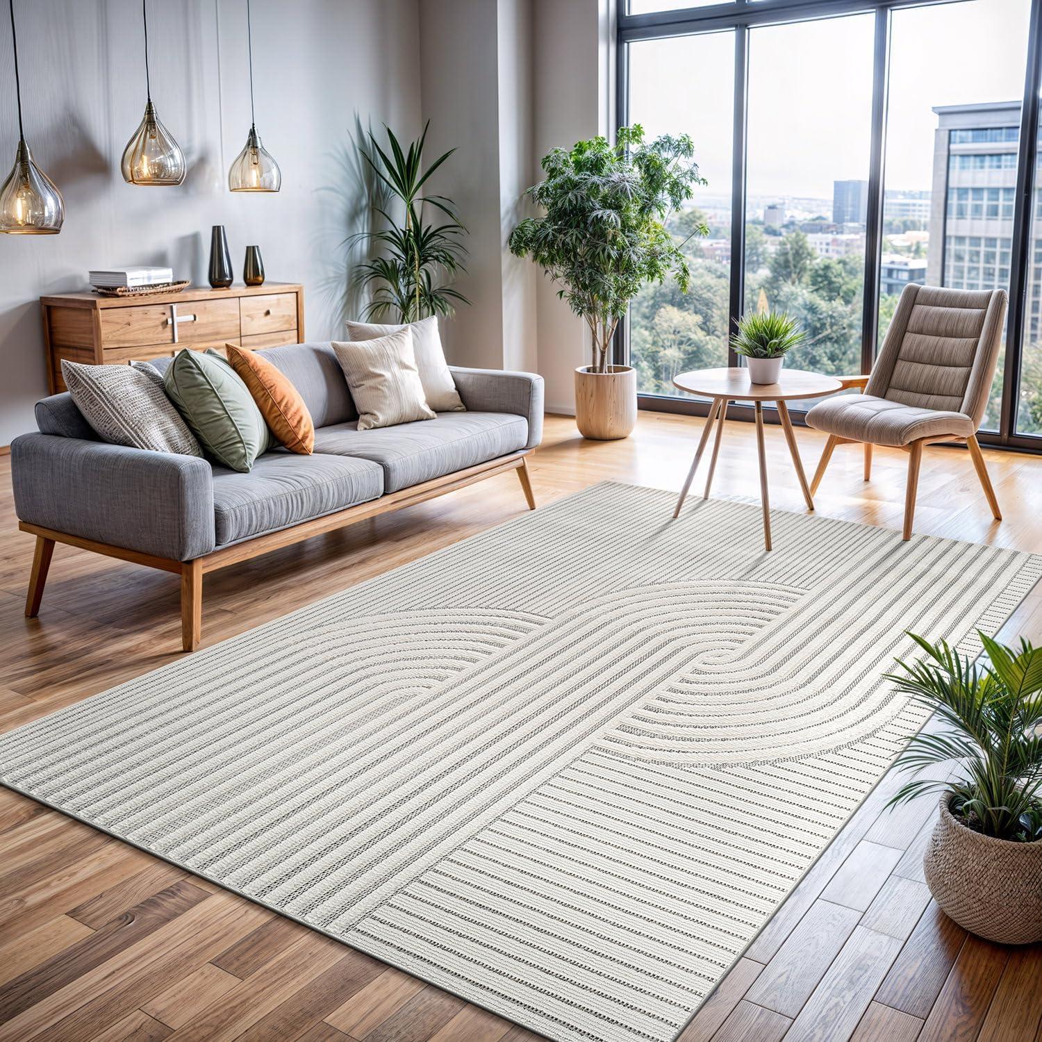 image:imageCAMILSON Micro Loop Rug 5x7 Modern Luxury Geometric Arch Area Rugs Soft High and Low Pile Stain Resistant EasyCleaning NonShedding for Living Room Office Indoor Carpet 5 x 7 WhiteCurved White