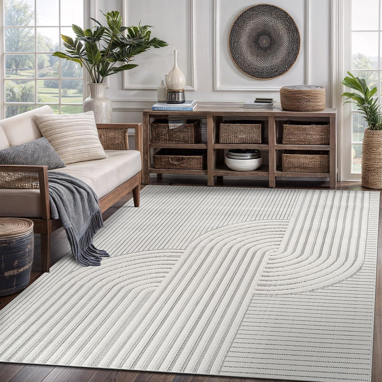 image:imageCAMILSON Micro Loop Rug 5x7 Modern Luxury Geometric Arch Area Rugs Soft High and Low Pile Stain Resistant EasyCleaning NonShedding for Living Room Office Indoor Carpet 5 x 7 WhiteCurved White