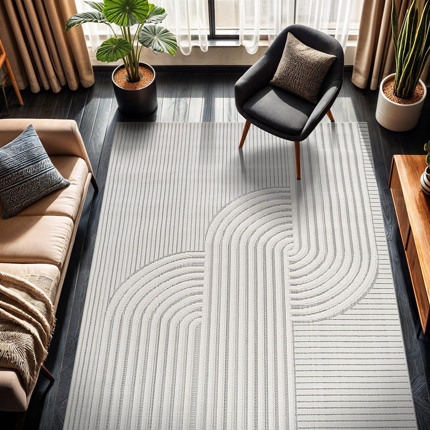 image:imageCAMILSON Micro Loop Rug 5x7 Modern Luxury Geometric Arch Area Rugs Soft High and Low Pile Stain Resistant EasyCleaning NonShedding for Living Room Office Indoor Carpet 5 x 7 WhiteCurved White