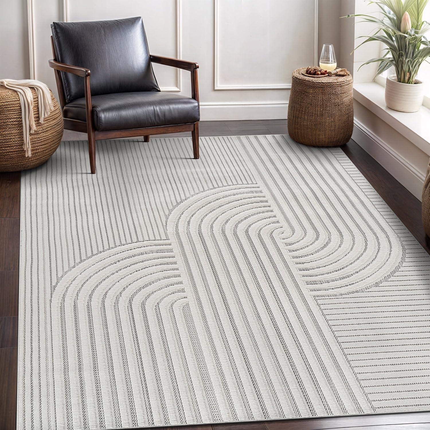 image:imageCAMILSON Micro Loop Rug 5x7 Modern Luxury Geometric Arch Area Rugs Soft High and Low Pile Stain Resistant EasyCleaning NonShedding for Living Room Office Indoor Carpet 5 x 7 WhiteCurved White