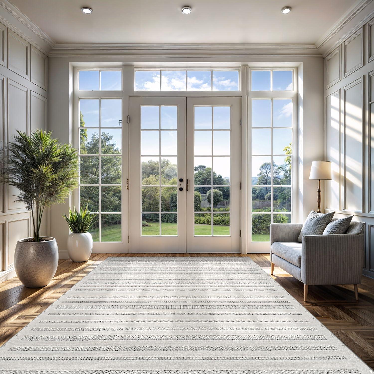 image:imageCAMILSON Micro Loop Rug 5x7 Modern Luxury Geometric Arch Area Rugs Soft High and Low Pile Stain Resistant EasyCleaning NonShedding for Living Room Office Indoor Carpet 5 x 7 WhiteLinear White