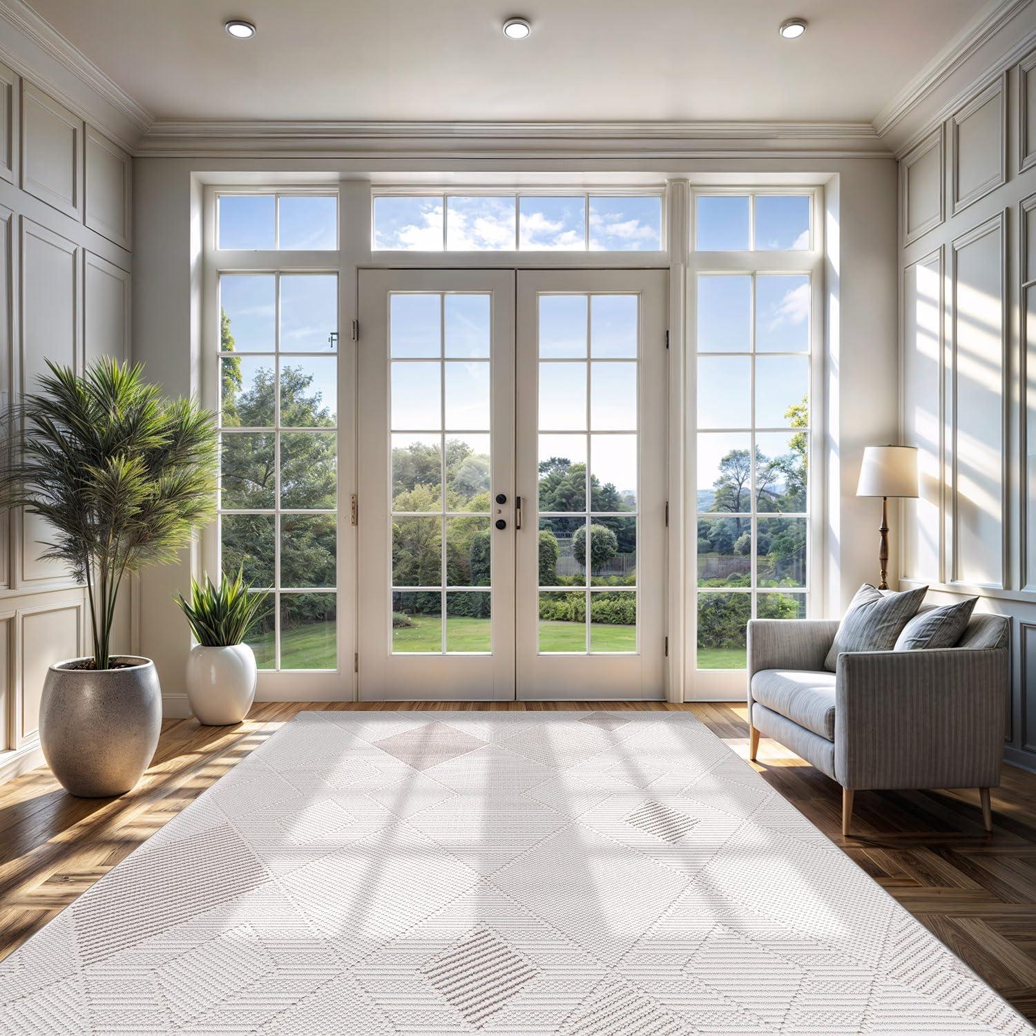image:imageCAMILSON Micro Loop Rug 5x7 Modern Luxury Geometric Arch Area Rugs Soft High and Low Pile Stain Resistant EasyCleaning NonShedding for Living Room Office Indoor Carpet 5 x 7 WhiteGy2 White Beige