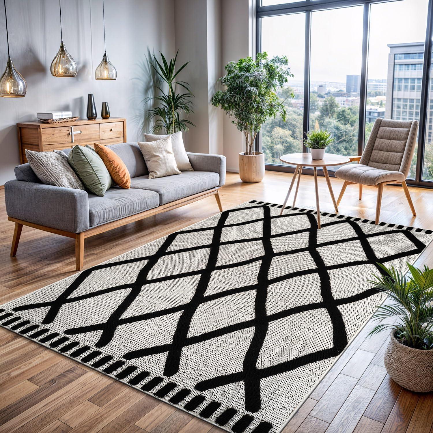 image:imageCAMILSON Micro Loop Rug 5x7 Modern Luxury Geometric Arch Area Rugs Soft High and Low Pile Stain Resistant EasyCleaning NonShedding for Living Room Office Indoor Carpet 5 x 7 WhiteBold Black