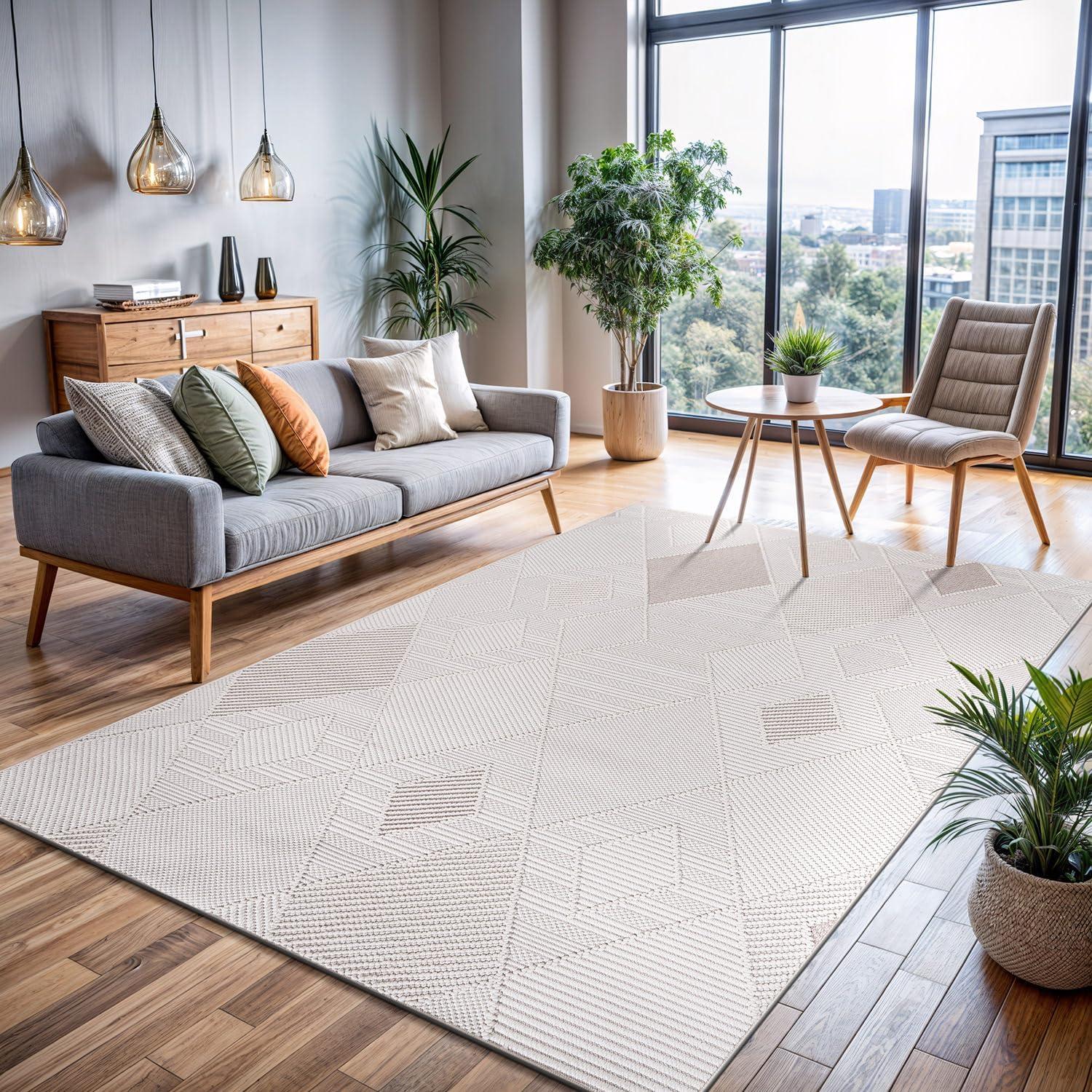 image:imageCAMILSON Micro Loop Rug 5x7 Modern Luxury Geometric Arch Area Rugs Soft High and Low Pile Stain Resistant EasyCleaning NonShedding for Living Room Office Indoor Carpet 5 x 7 WhiteGy2 White Beige