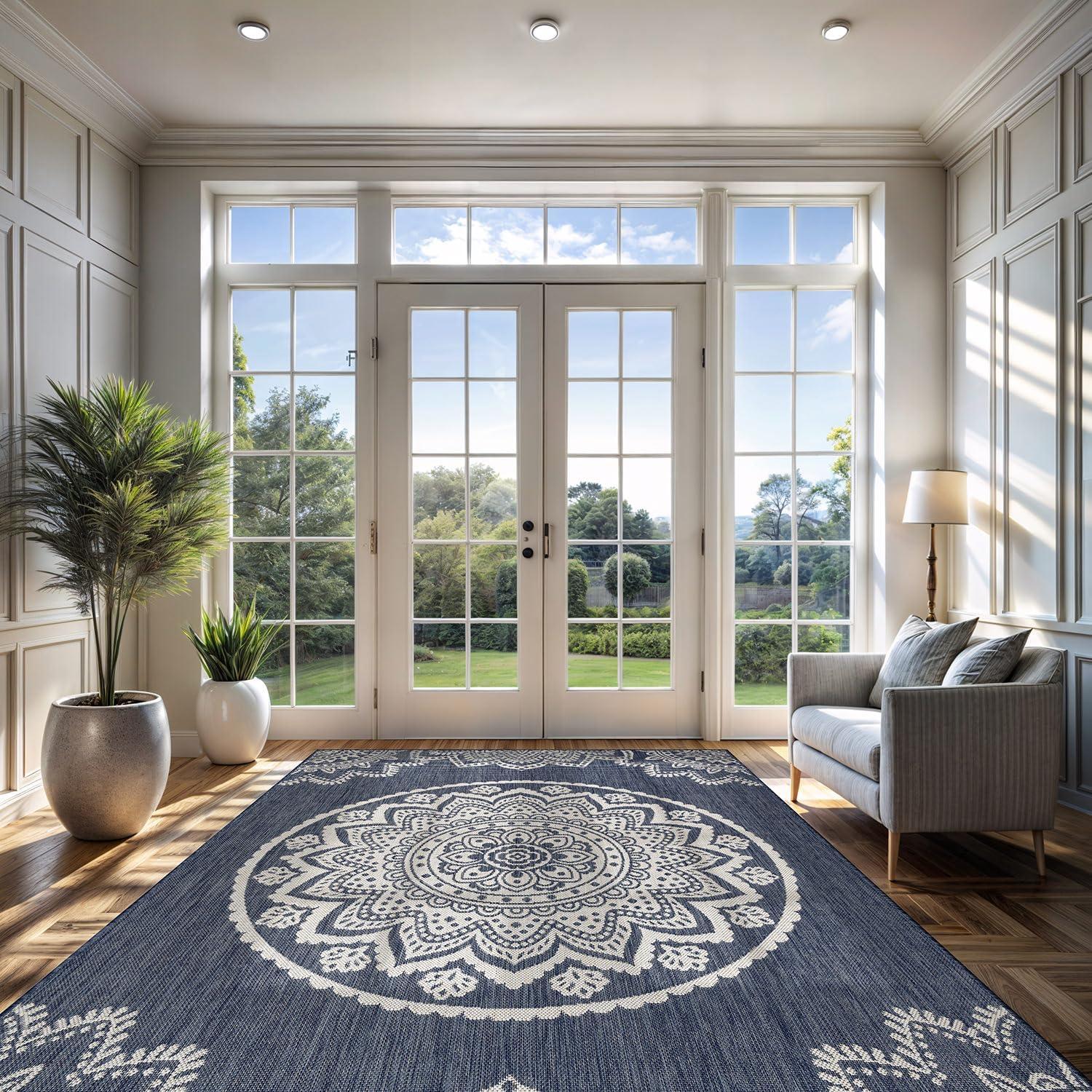 image:imageCAMILSON Outdoor Rug 5x7 Modern Area Rugs for Indoor and Outdoor Patios and Porches Waterproof Washable NonShedding EasytoClean Outside Carpet 5 x 7 Medallion Dark GreyLight GreyMedallion Blue White