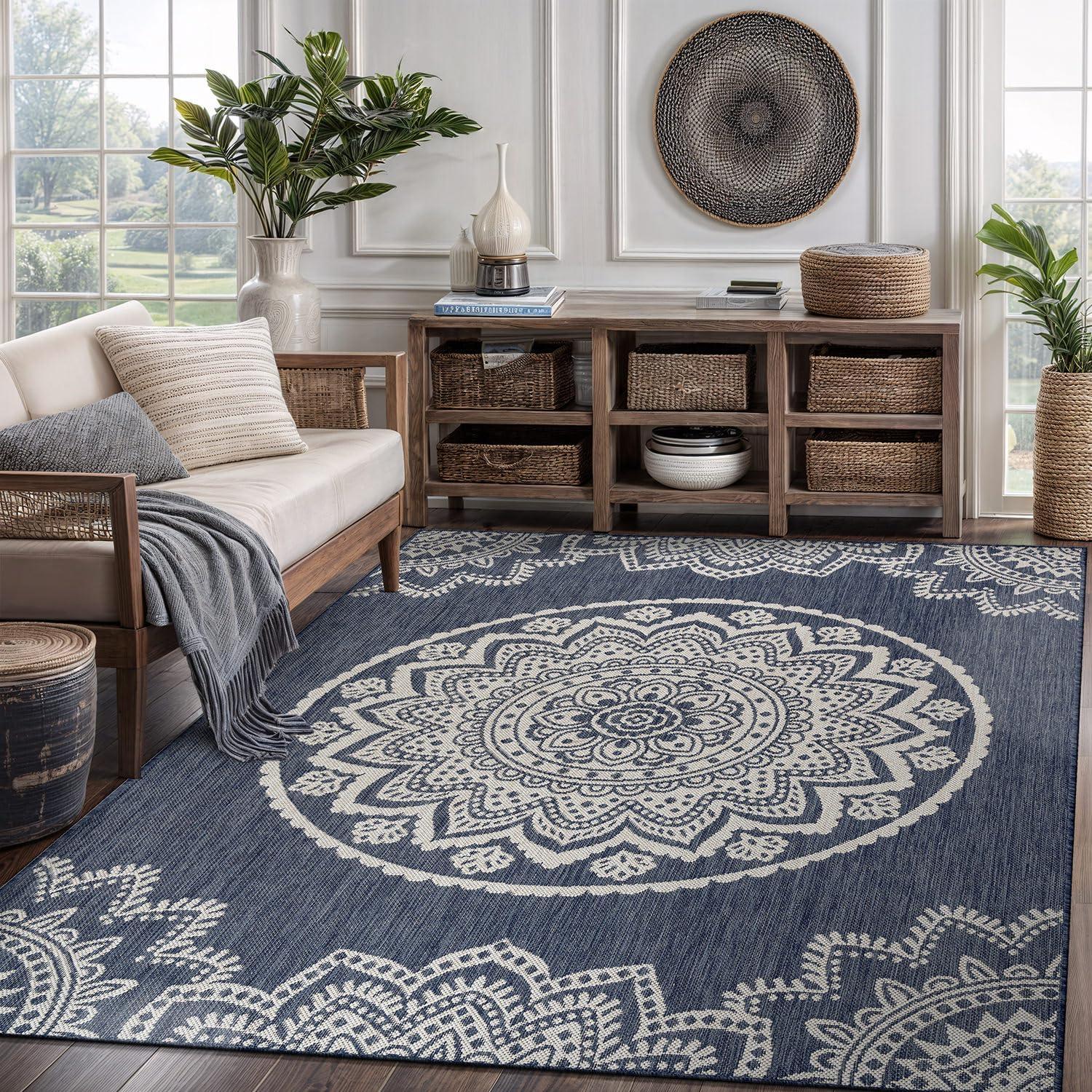 image:imageCAMILSON Outdoor Rug 5x7 Modern Area Rugs for Indoor and Outdoor Patios and Porches Waterproof Washable NonShedding EasytoClean Outside Carpet 5 x 7 Medallion Dark GreyLight GreyMedallion Blue White
