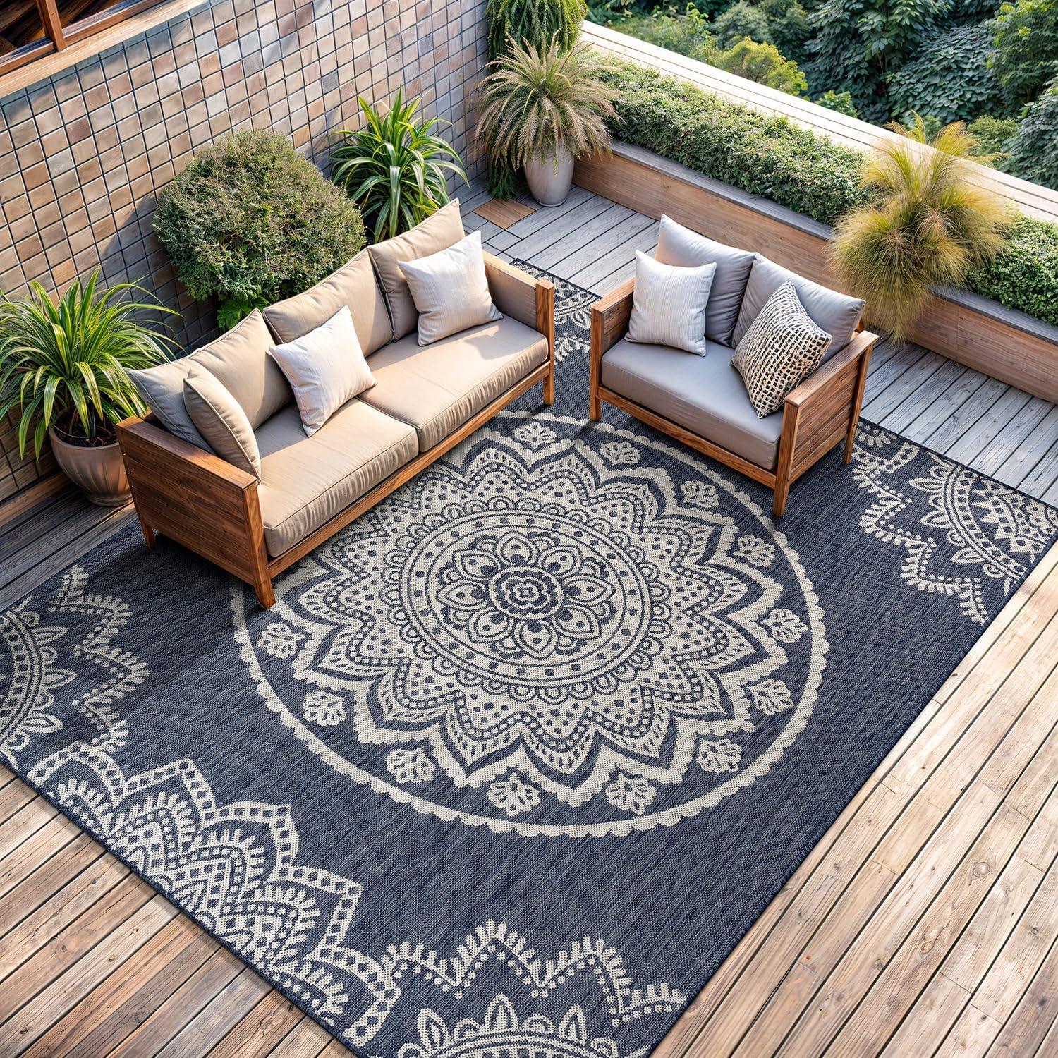 image:imageCAMILSON Outdoor Rug 5x7 Modern Area Rugs for Indoor and Outdoor Patios and Porches Waterproof Washable NonShedding EasytoClean Outside Carpet 5 x 7 Medallion Dark GreyLight GreyMedallion Blue White
