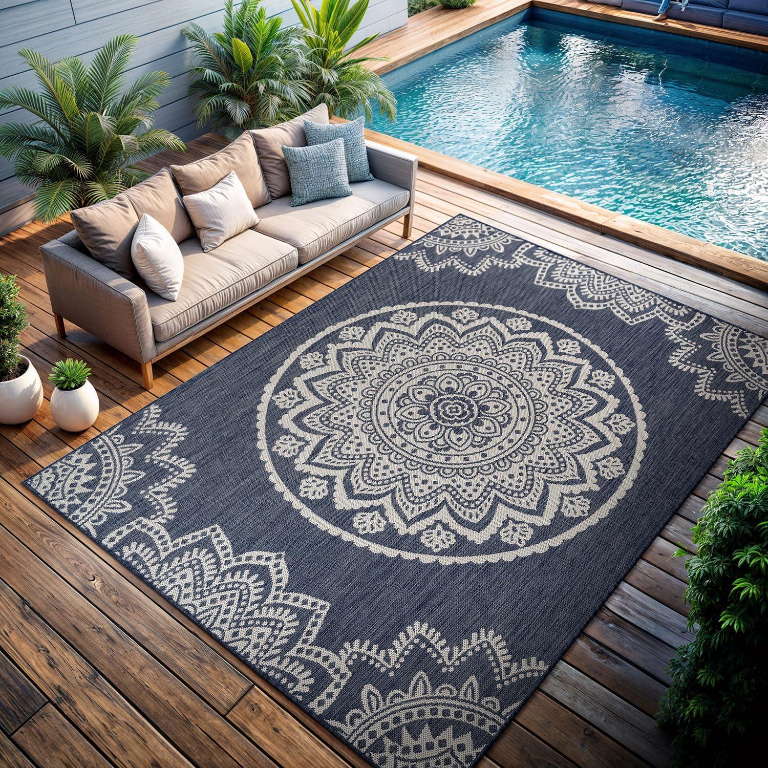 image:imageCAMILSON Outdoor Rug 5x7 Modern Area Rugs for Indoor and Outdoor Patios and Porches Waterproof Washable NonShedding EasytoClean Outside Carpet 5 x 7 Medallion Dark GreyLight GreyMedallion Blue White