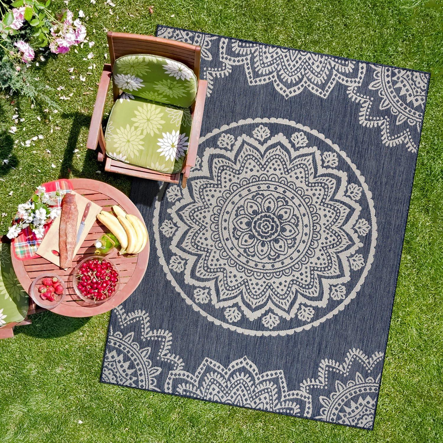 image:imageCAMILSON Outdoor Rug 5x7 Modern Area Rugs for Indoor and Outdoor Patios and Porches Waterproof Washable NonShedding EasytoClean Outside Carpet 5 x 7 Medallion Dark GreyLight GreyMedallion Blue White
