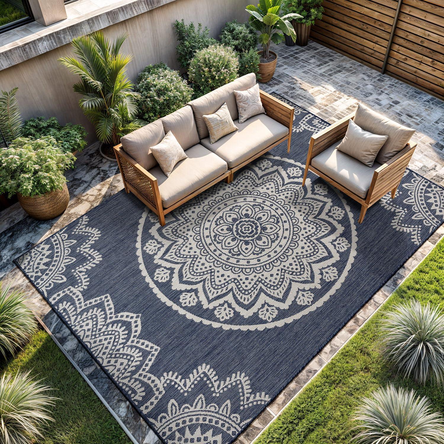 image:imageCAMILSON Outdoor Rug 5x7 Modern Area Rugs for Indoor and Outdoor Patios and Porches Waterproof Washable NonShedding EasytoClean Outside Carpet 5 x 7 Medallion Dark GreyLight GreyMedallion Blue White
