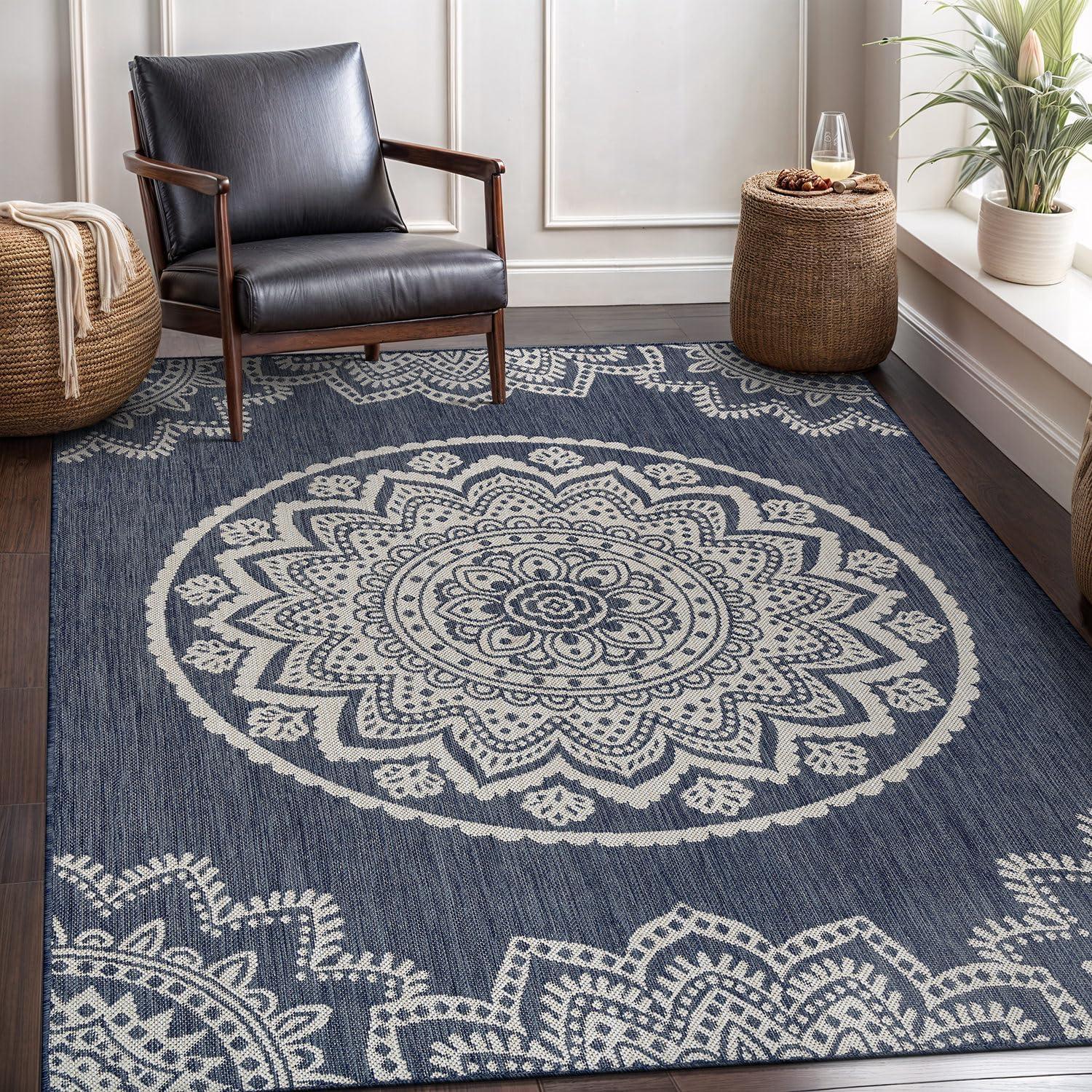 image:imageCAMILSON Outdoor Rug 5x7 Modern Area Rugs for Indoor and Outdoor Patios and Porches Waterproof Washable NonShedding EasytoClean Outside Carpet 5 x 7 Medallion Dark GreyLight GreyMedallion Blue White