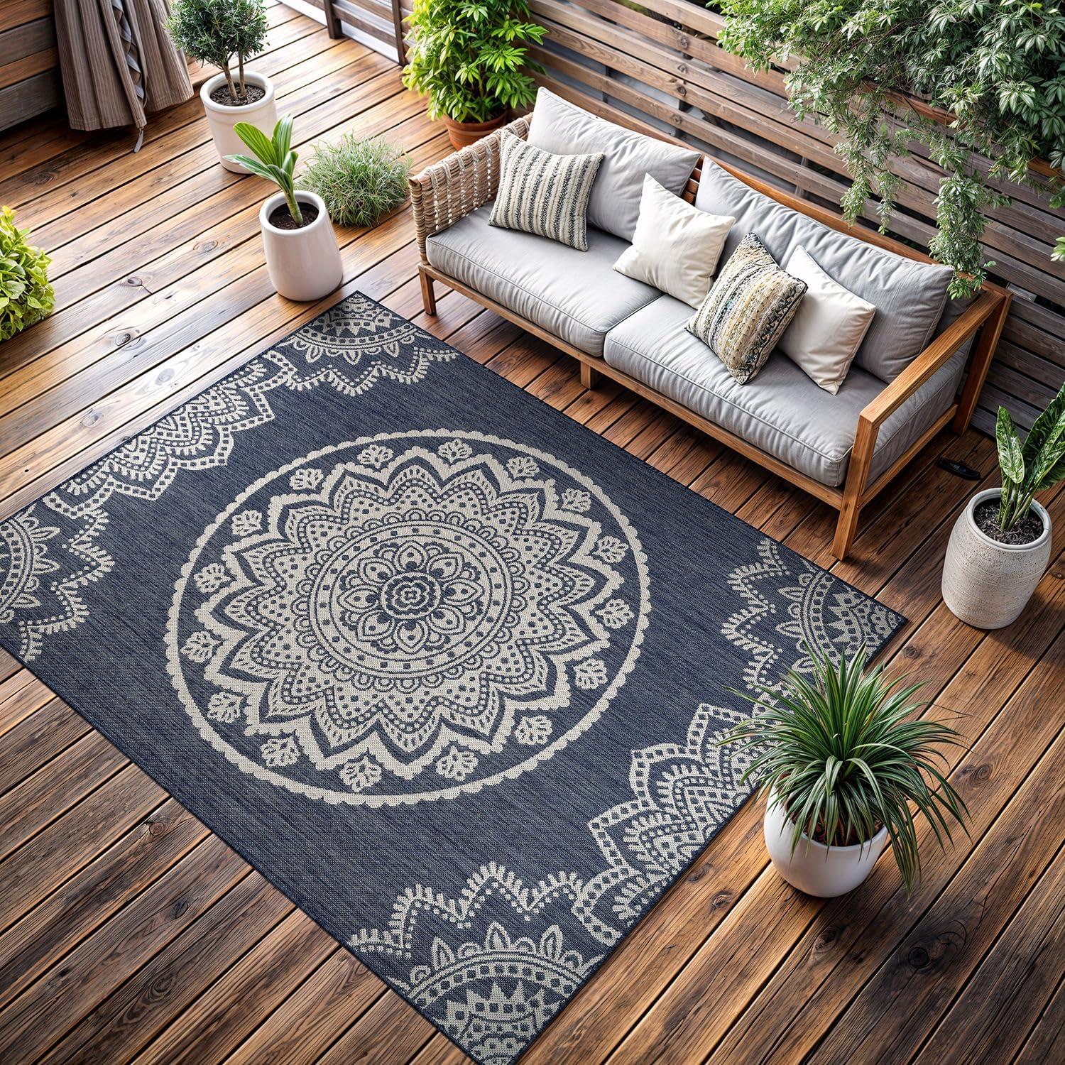 image:imageCAMILSON Outdoor Rug 5x7 Modern Area Rugs for Indoor and Outdoor Patios and Porches Waterproof Washable NonShedding EasytoClean Outside Carpet 5 x 7 Medallion Dark GreyLight GreyMedallion Blue White