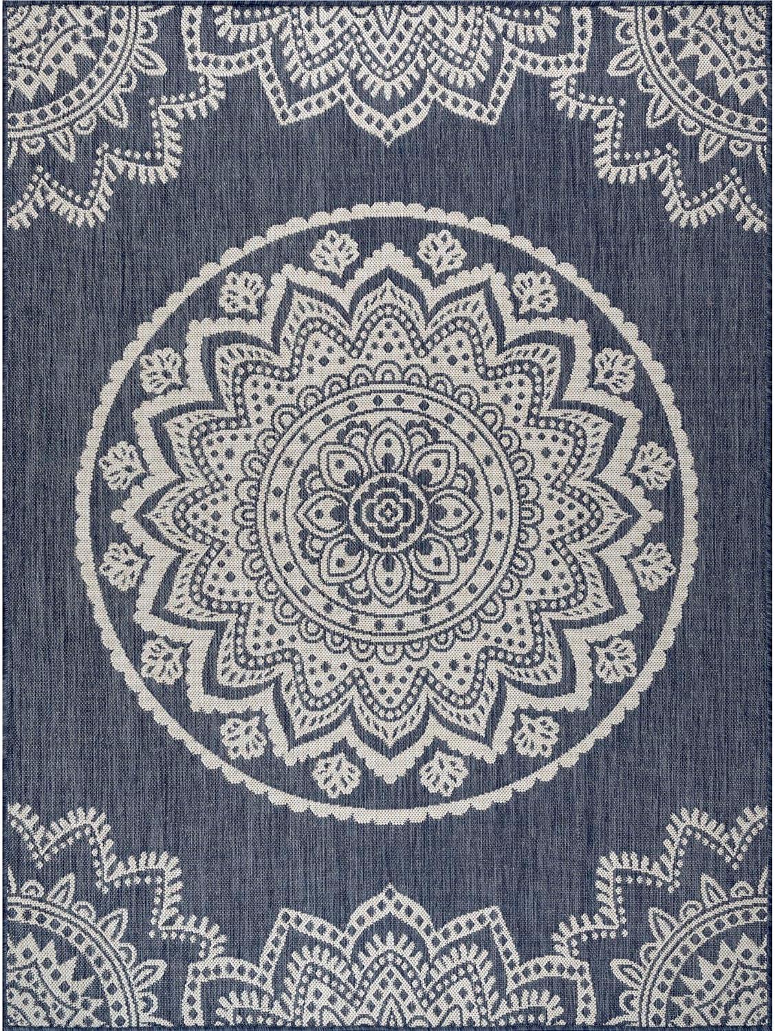 image:imageCAMILSON Outdoor Rug 5x7 Modern Area Rugs for Indoor and Outdoor Patios and Porches Waterproof Washable NonShedding EasytoClean Outside Carpet 5 x 7 Medallion Dark GreyLight GreyMedallion Blue White