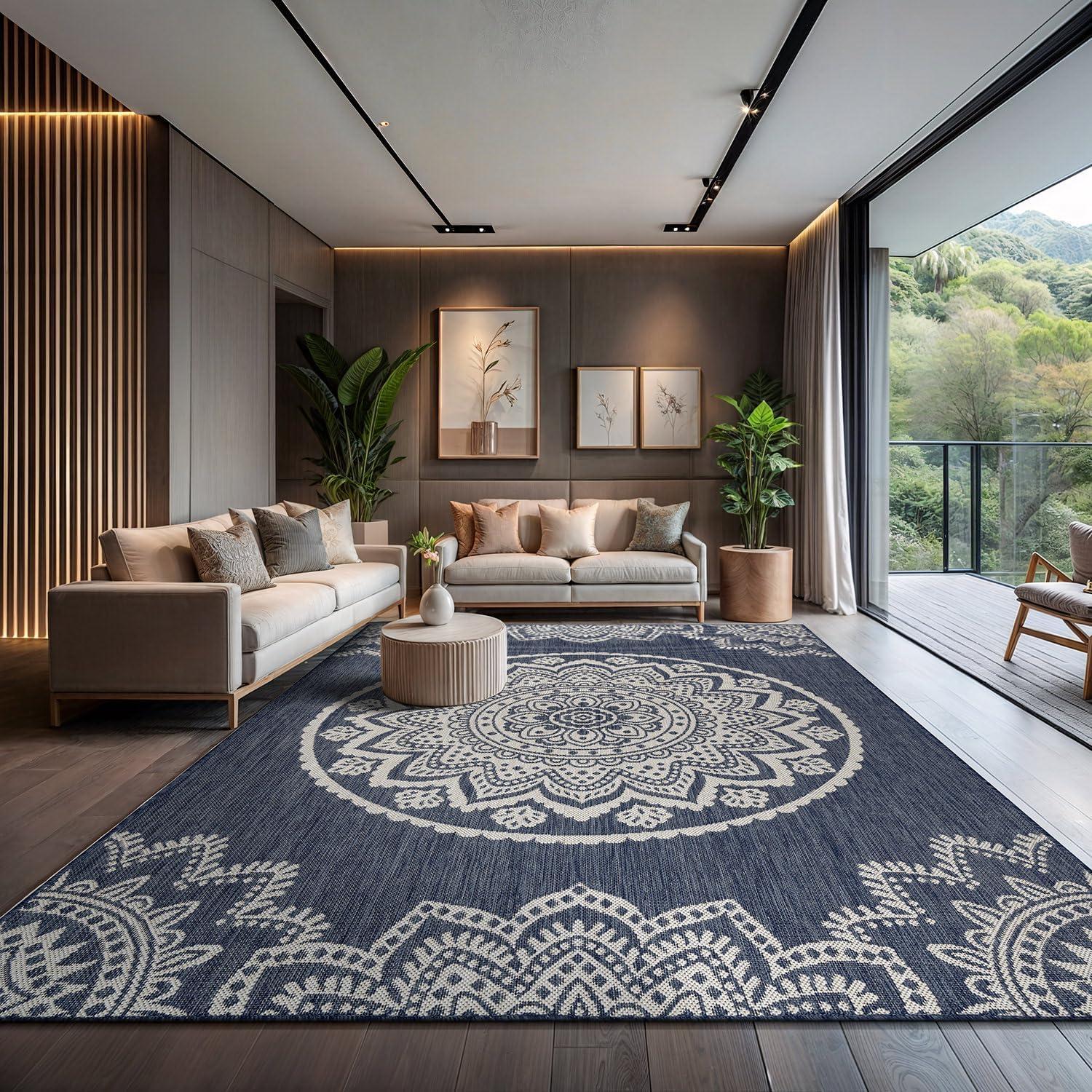 image:imageCAMILSON Outdoor Rug 5x7 Modern Area Rugs for Indoor and Outdoor Patios and Porches Waterproof Washable NonShedding EasytoClean Outside Carpet 5 x 7 Medallion Dark GreyLight GreyMedallion Blue White