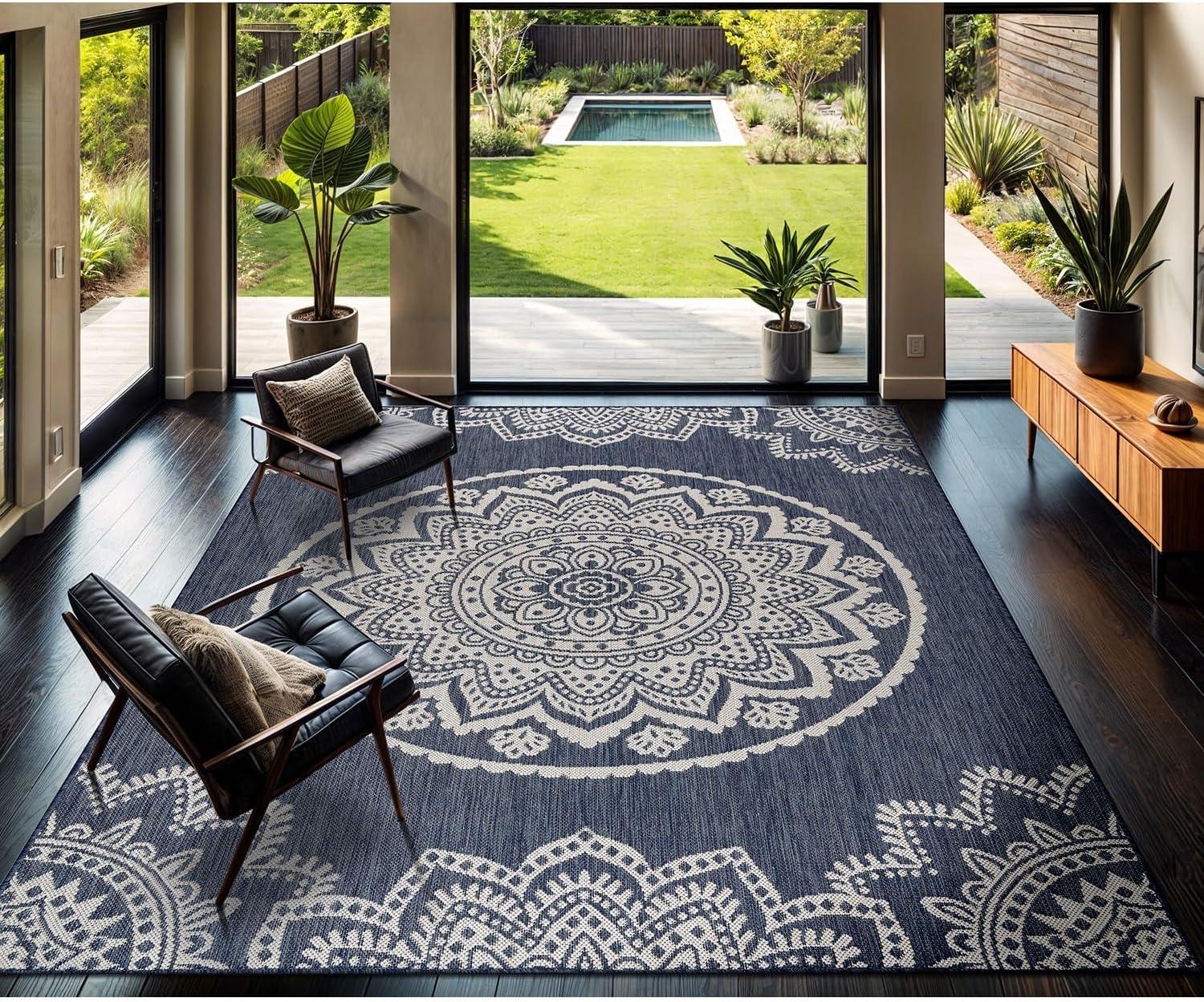 image:imageCAMILSON Outdoor Rug 5x7 Modern Area Rugs for Indoor and Outdoor Patios and Porches Waterproof Washable NonShedding EasytoClean Outside Carpet 5 x 7 Medallion Dark GreyLight GreyMedallion Blue White