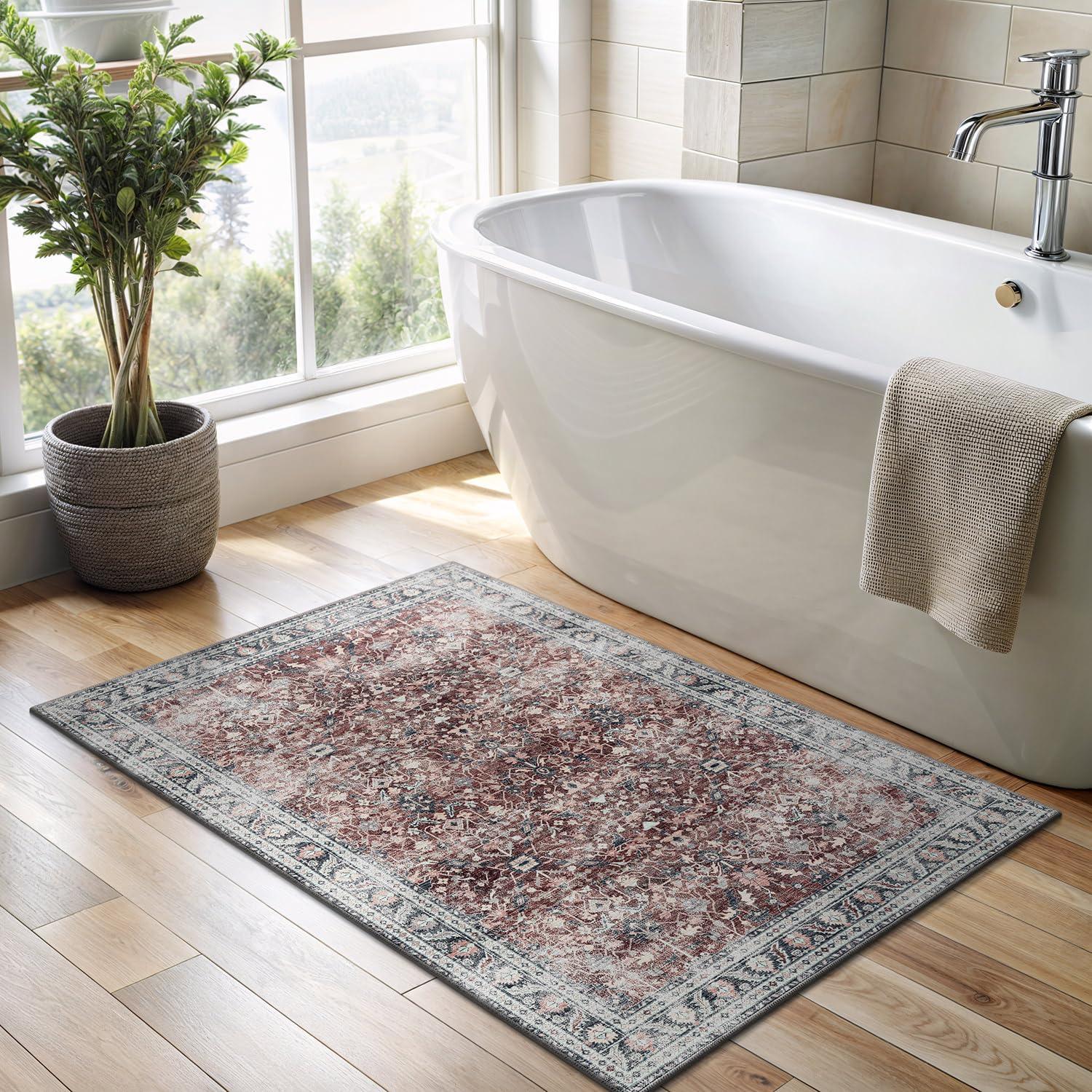 image:imageCAMILSON Printed Bathroom Rugs Oriental Retro Vintage Floral Area Rug 2x3 NonShedding Ultra Thin Super Strong Stain Resistant Indoor Carpet for Hallway Kitchen Office 2 x 3 Rust Red