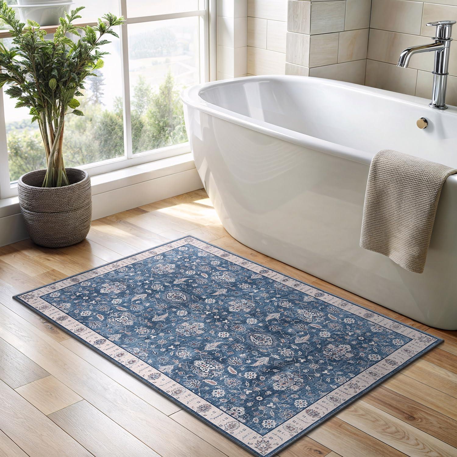 image:imageCAMILSON Printed Bathroom Rugs Oriental Retro Vintage Floral Area Rug 2x3 NonShedding Ultra Thin Super Strong Stain Resistant Indoor Carpet for Hallway Kitchen Office 2 x 3  Navy Blue