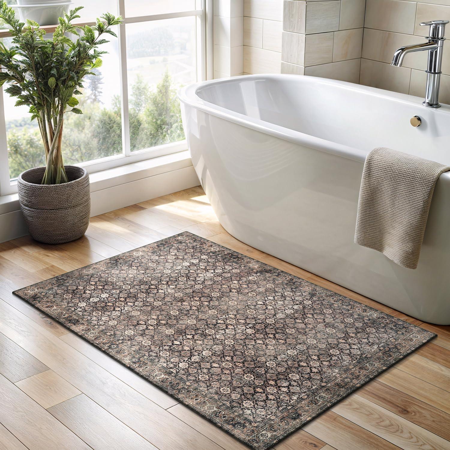 image:imageCAMILSON Printed Bathroom Rugs Oriental Retro Vintage Floral Area Rug 2x3 NonShedding Ultra Thin Super Strong Stain Resistant Indoor Carpet for Hallway Kitchen 2 x 3  Wood Beige